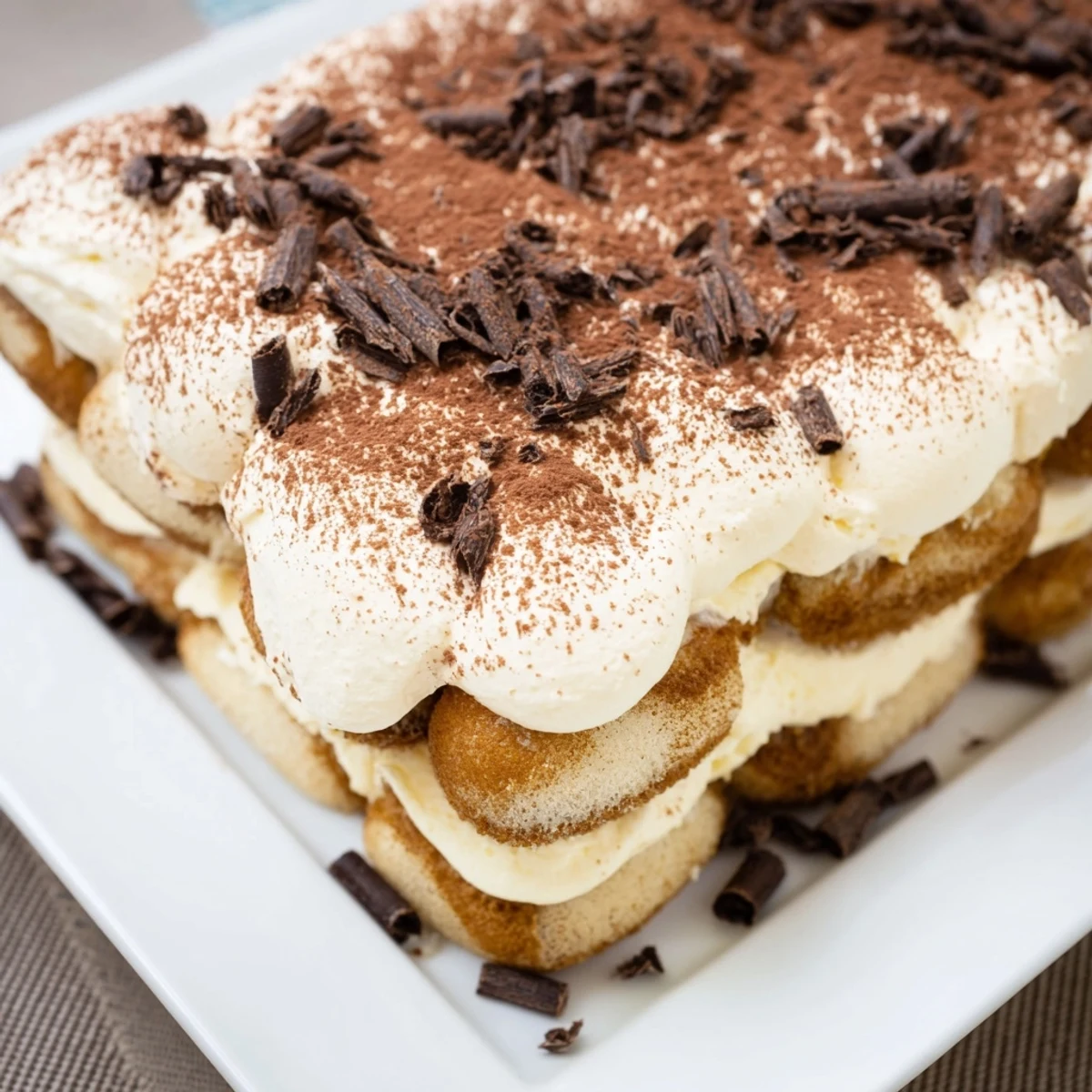 Easy Tiramisu dusted with cocoa powder, ready to serve in a clear glass dish.