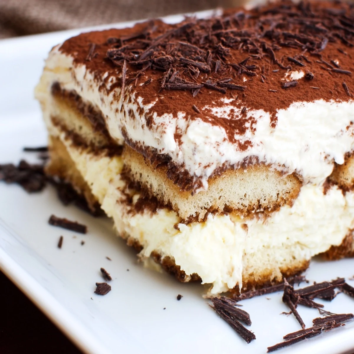 Rich Easy Tiramisu dessert with chocolate shavings on top and a cup of coffee nearby.