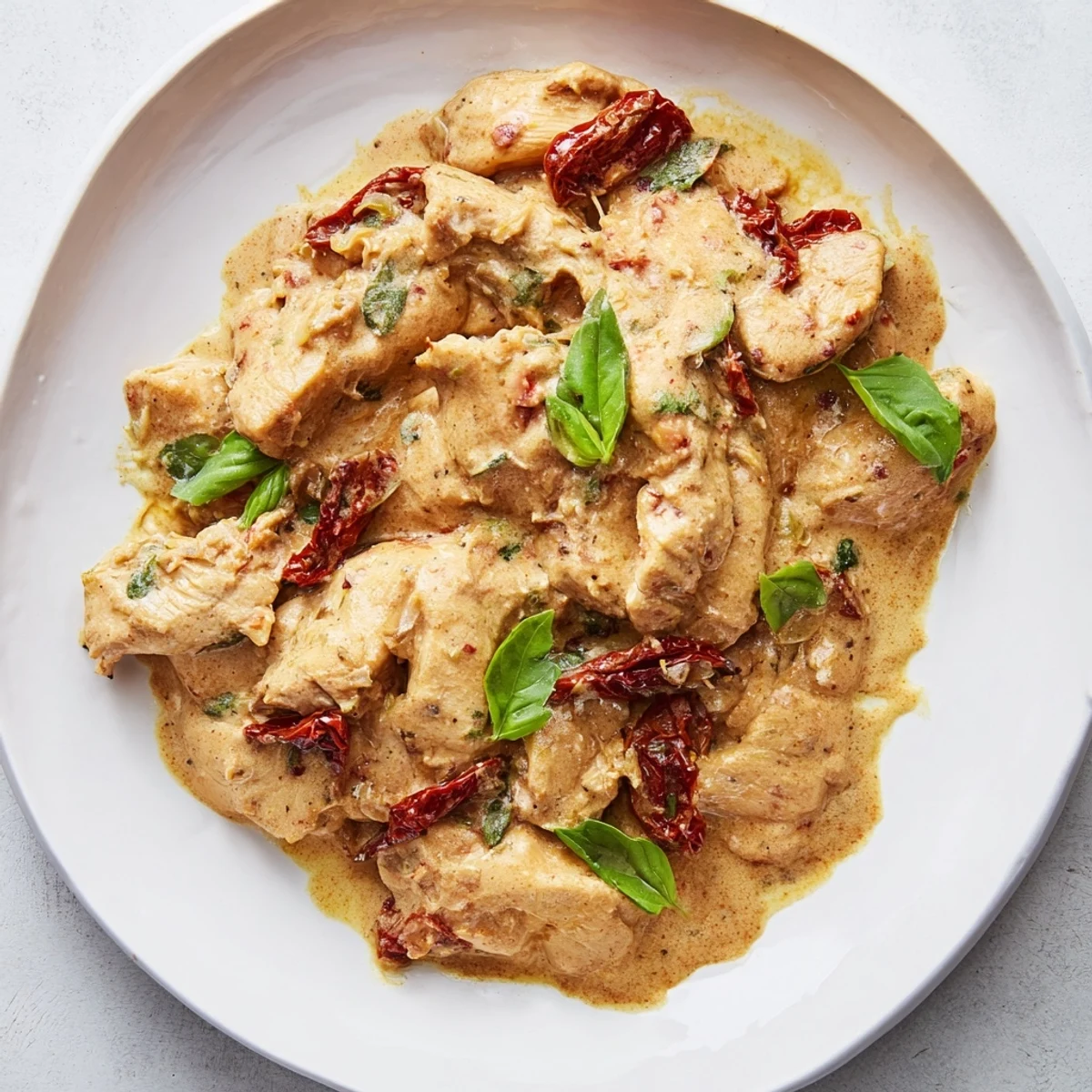 Four golden seared chicken breasts swim in a creamy, sun-dried tomato sauce inside the slow cooker, garnished with fresh basil for this Marry Me Slow Cooker Chicken Breast recipe.