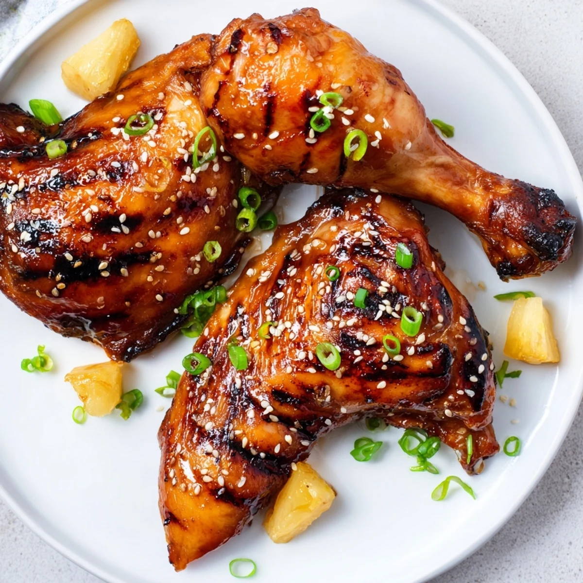 Sizzling Hawaiian Huli Huli Chicken drumsticks fresh off the grill, topped with sesame seeds and diced pineapple chunks.