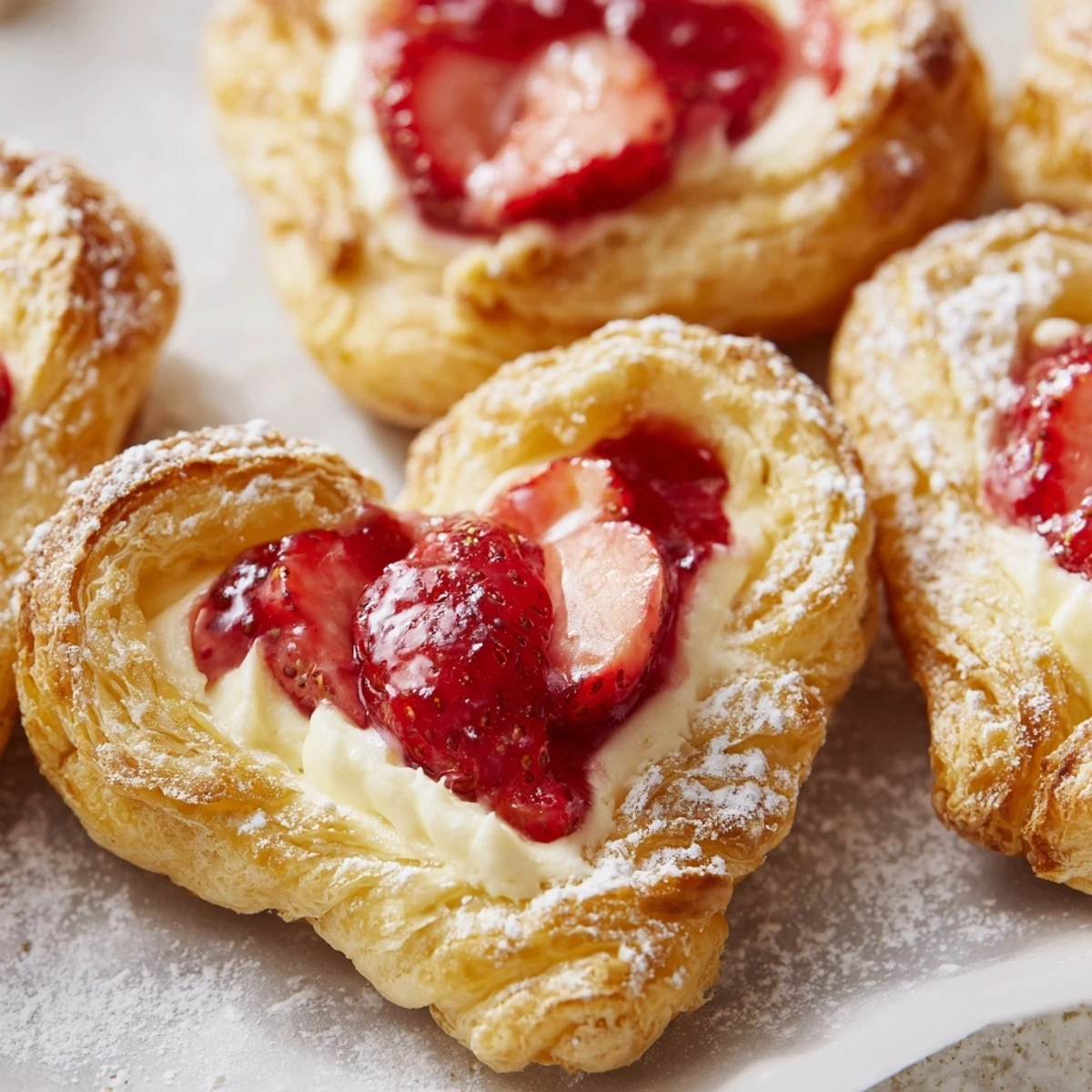 A close-up of Strawberry Cream Cheese Heart Danishes with flaky golden layers and bright red strawberry slices on top.