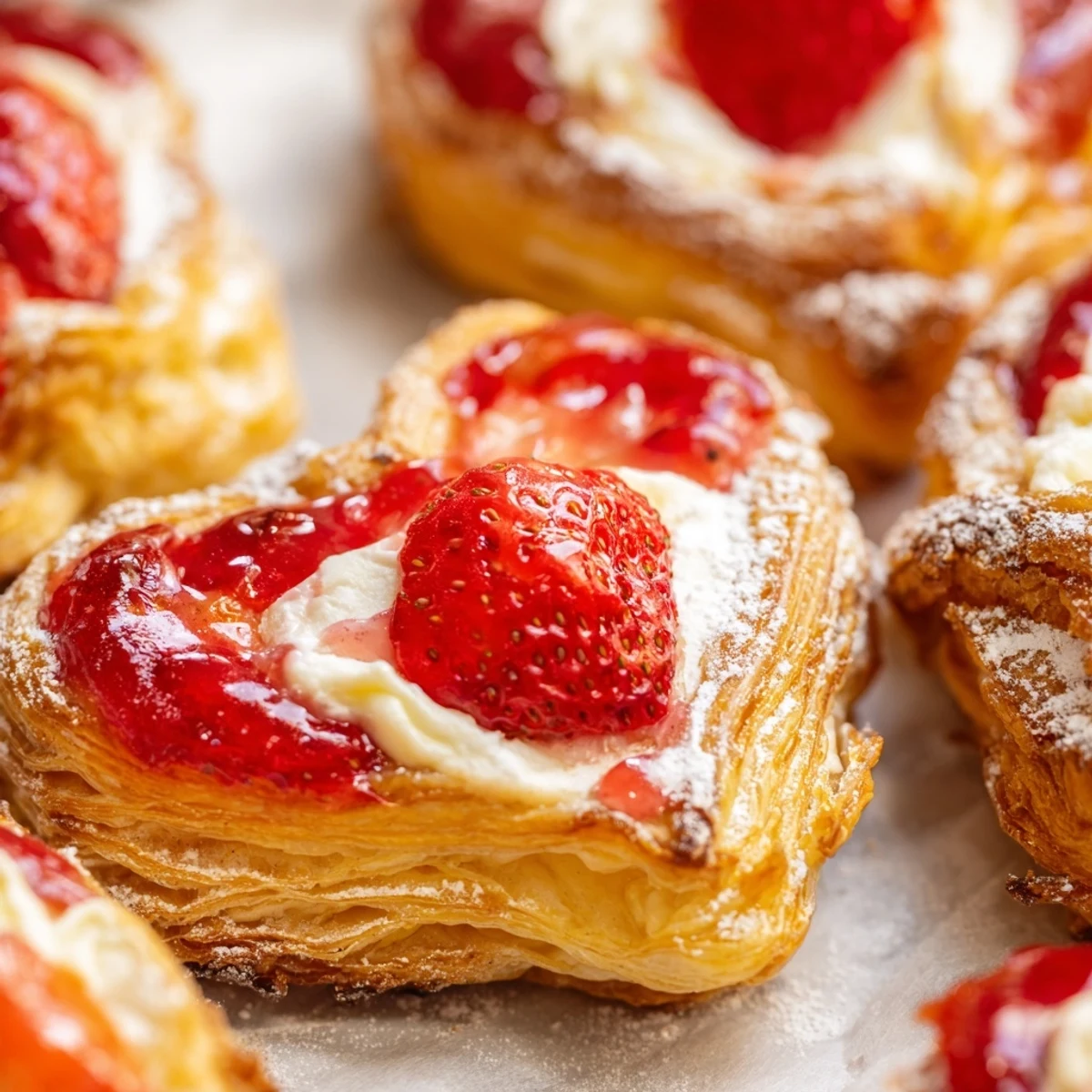 Strawberry Cream Cheese Heart Danishes arranged on a rustic plate with a drizzle of glaze for a sweet finish.