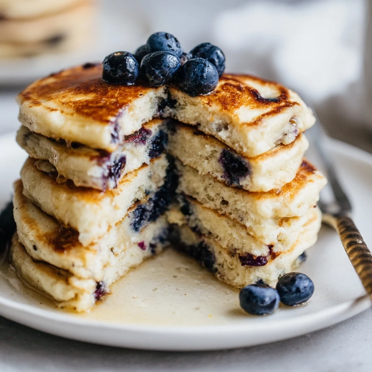 Freshly cooked Greek Yogurt Blueberry Pancakes with a light texture, ready to enjoy with your favorite syrup.