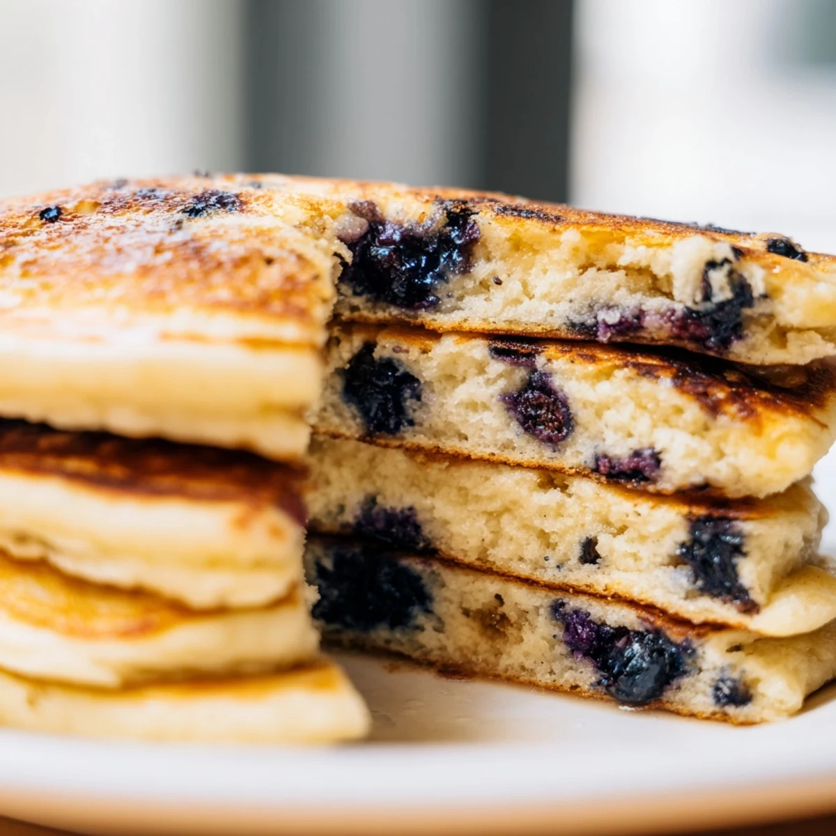 A close-up of golden-brown Greek Yogurt Blueberry Pancakes served warm on a white plate with butter.