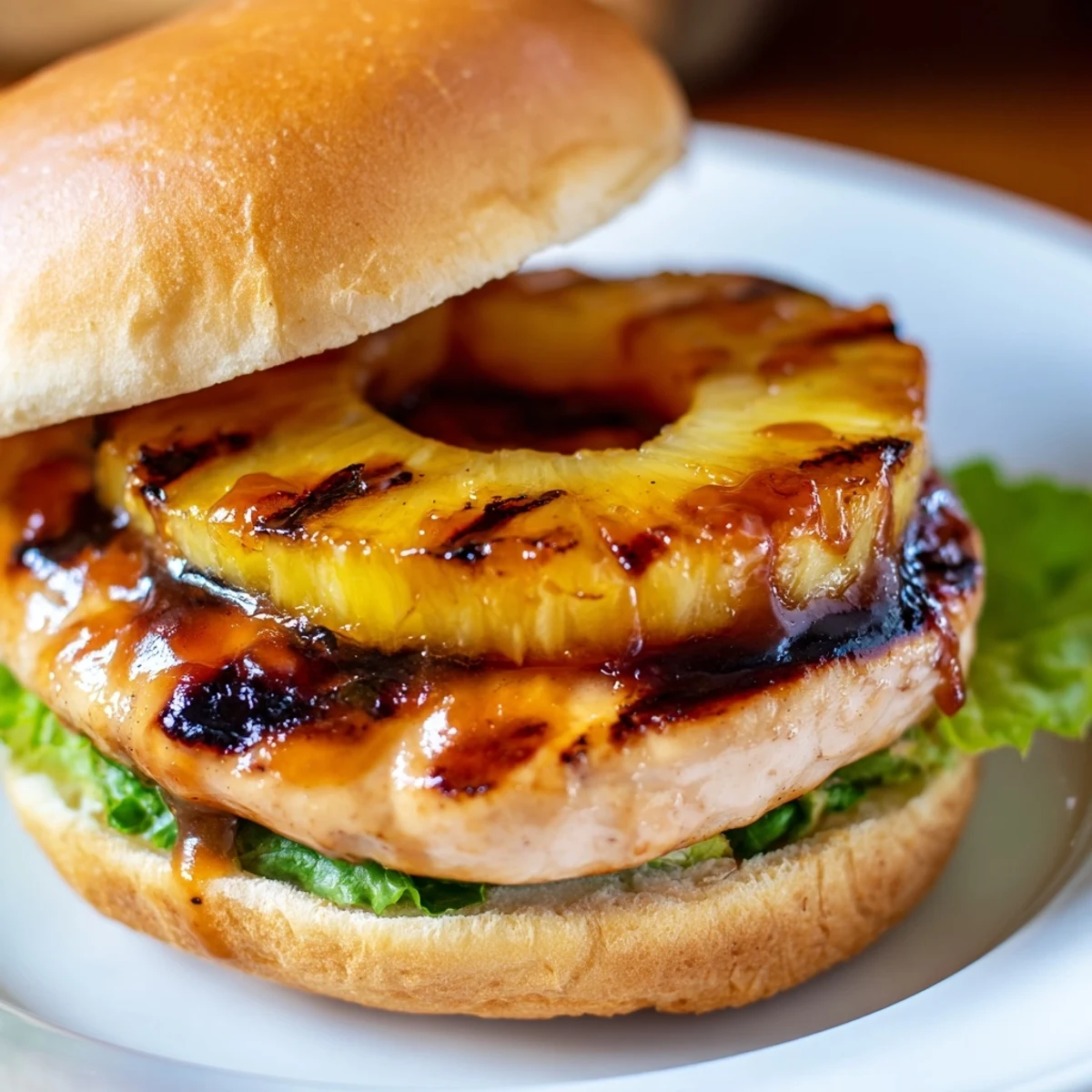 A juicy grilled Hawaiian Pineapple Chicken Burger on a toasted bun with caramelized pineapple and fresh lettuce.