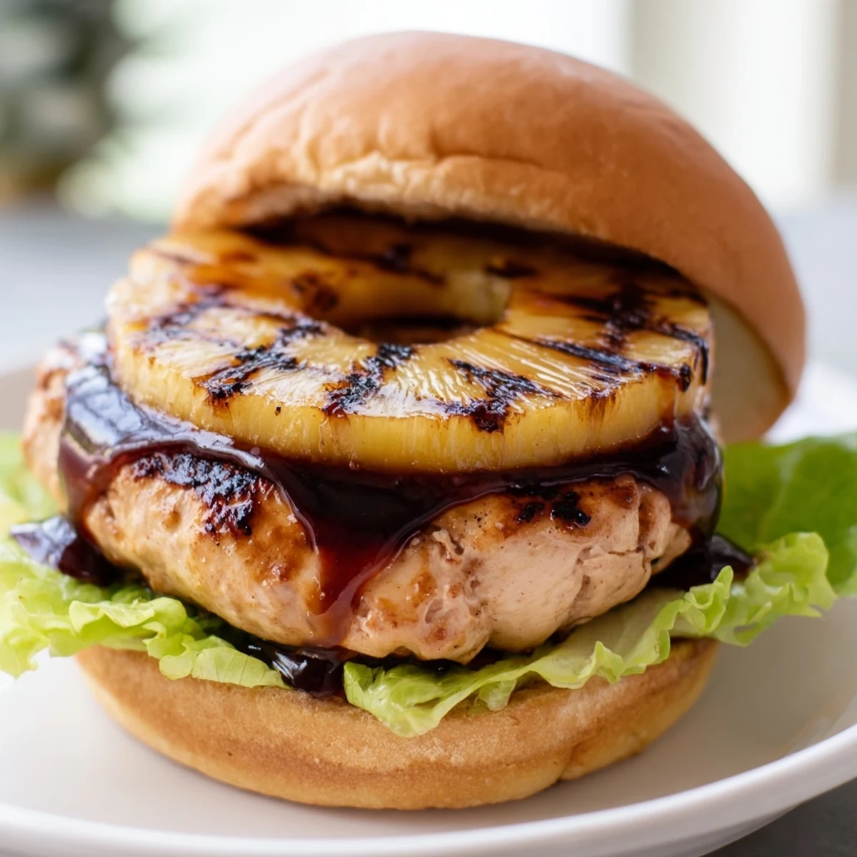 The Hawaiian Pineapple Chicken Burger features grilled chicken and teriyaki glaze on a soft bun with red onion.