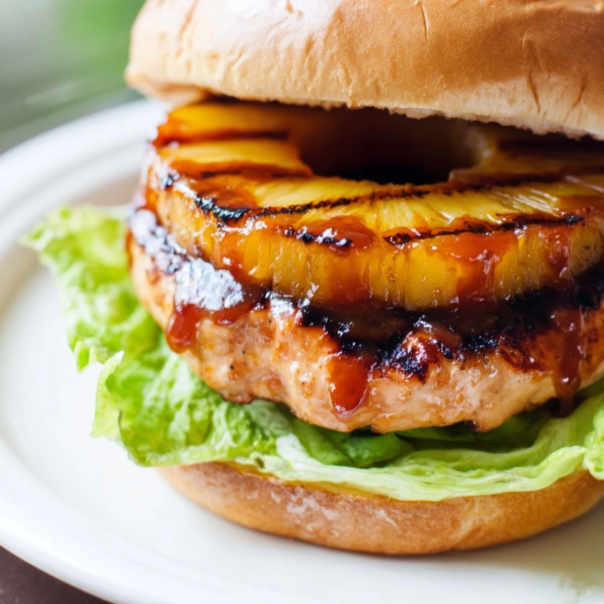 Delicious Hawaiian Pineapple Chicken Burger served with sweet potato fries and a crisp side salad on a table.
