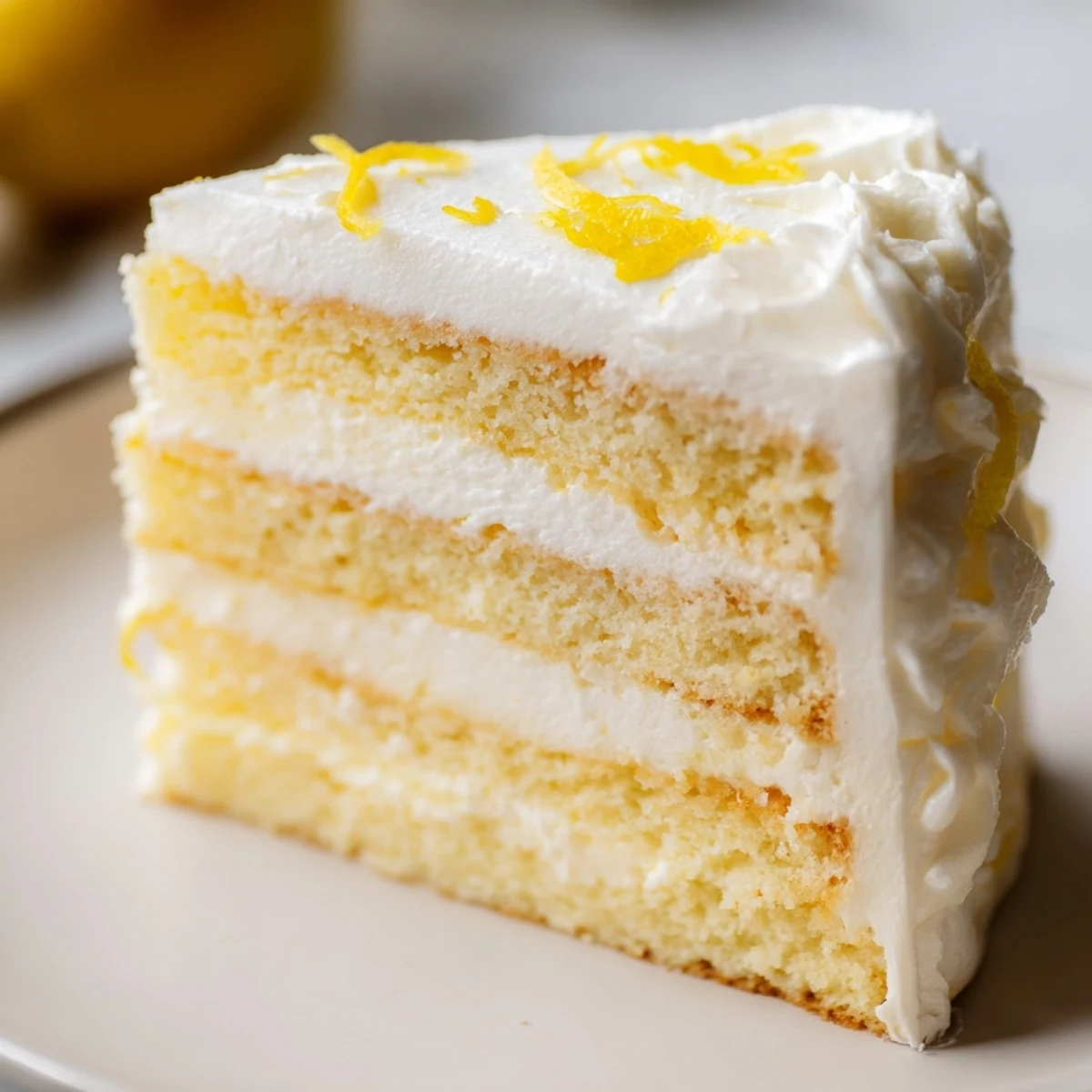 Overhead view of Limoncello Mascarpone Cake decorated with fresh lemon slices and zest, ready to serve at an Italian-inspired dessert party.