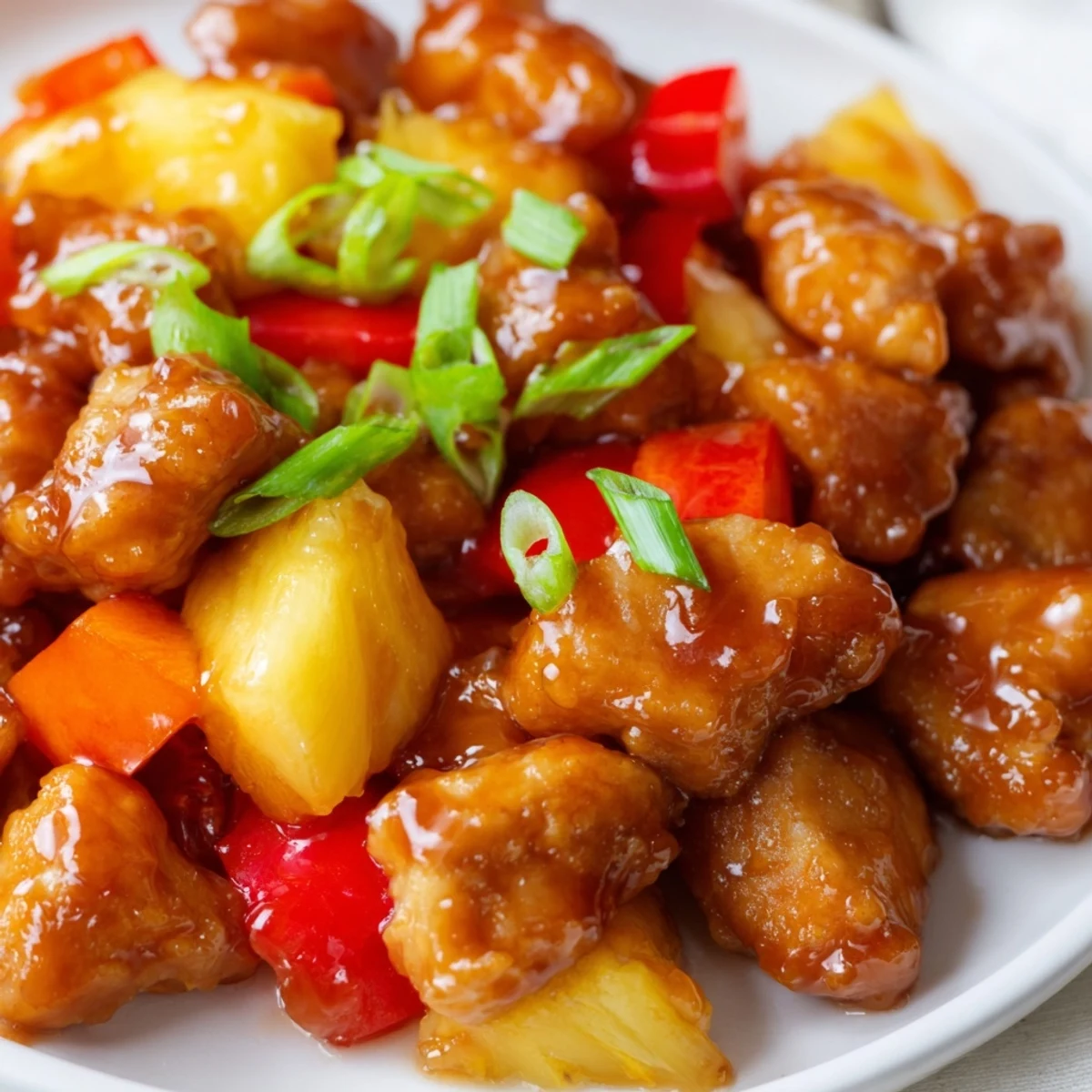 Golden-brown Honey Garlic Pineapple Chicken pieces coated in glossy sauce with pineapple chunks served over white rice.