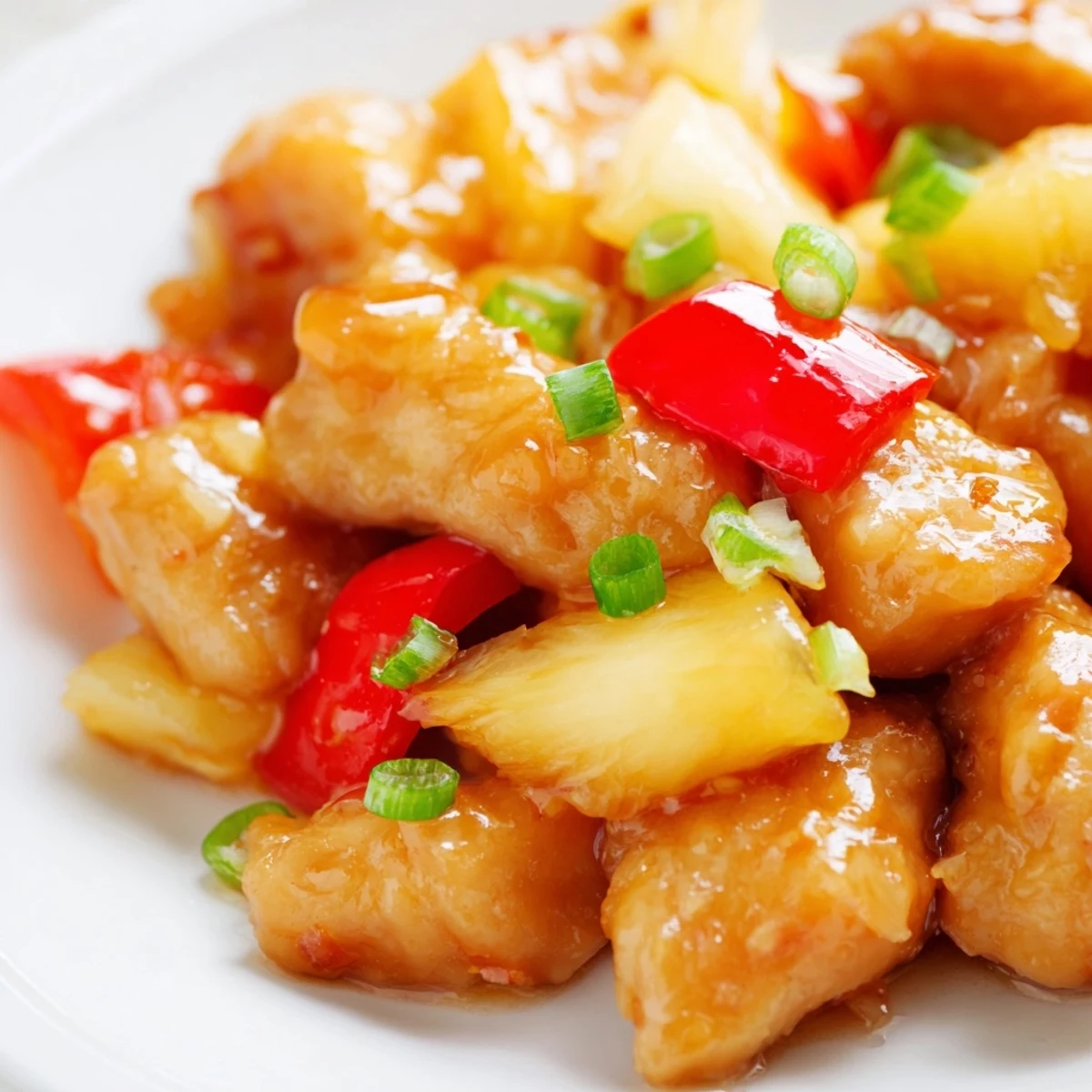 Close-up of tender Honey Garlic Pineapple Chicken mixed with red bell pepper and onion, ready to be enjoyed warm.