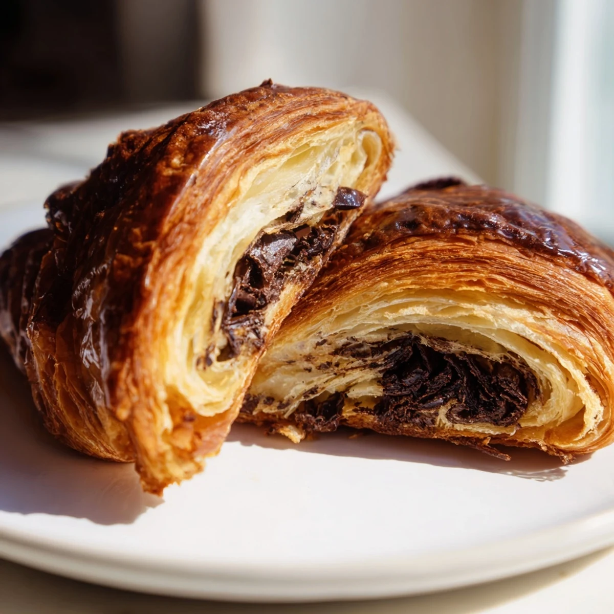 Flaky, golden homemade chocolate croissants cooling on a wire rack, ready to pair with coffee.