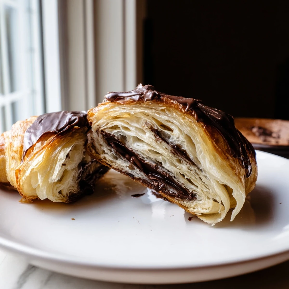 Warm, buttery homemade chocolate croissants with melted chocolate centers on a rustic wooden table.