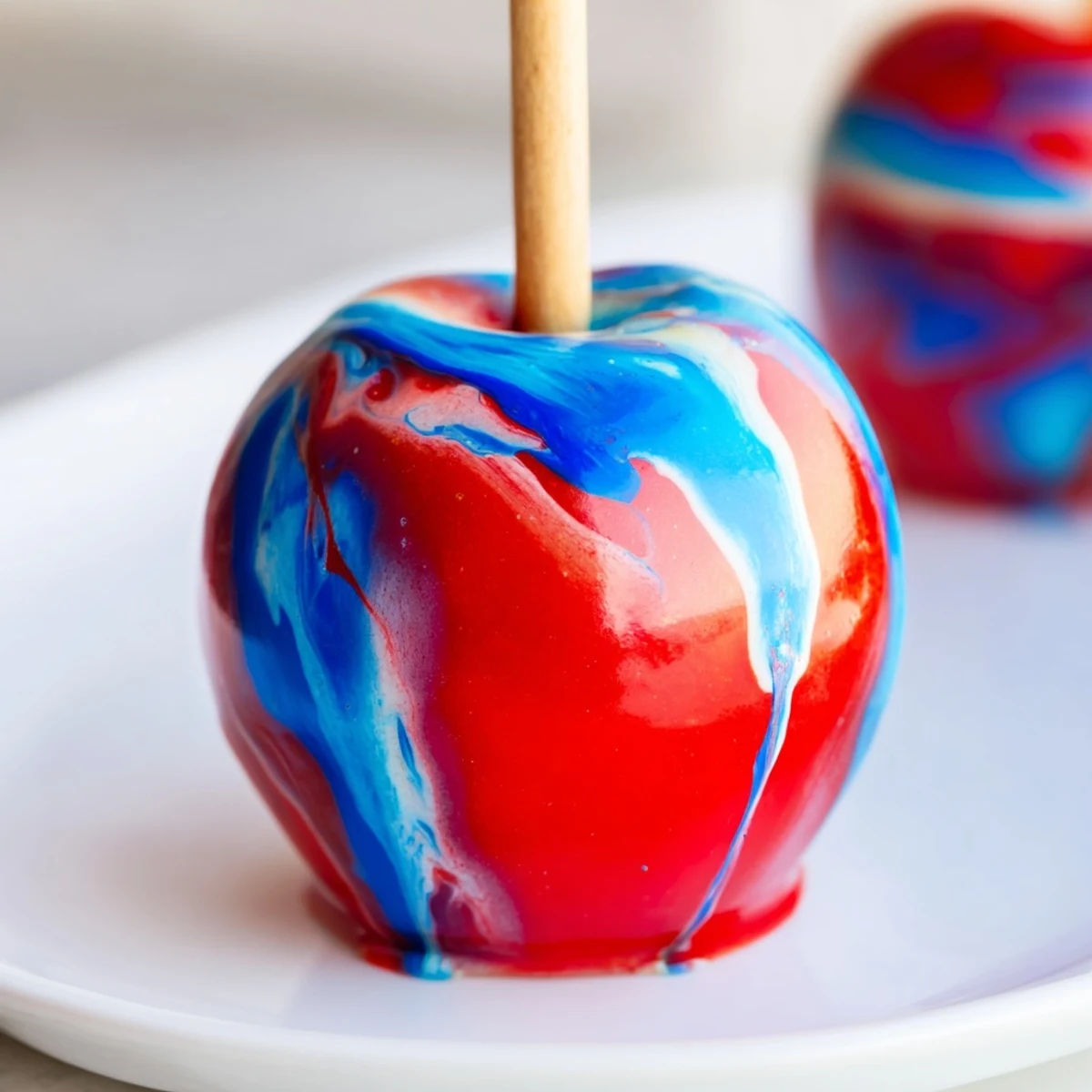 In the foreground, Marbled Effect Candy Apples stand on a marble slab, their hard candy coating reflecting light beside fresh apples and sticks.