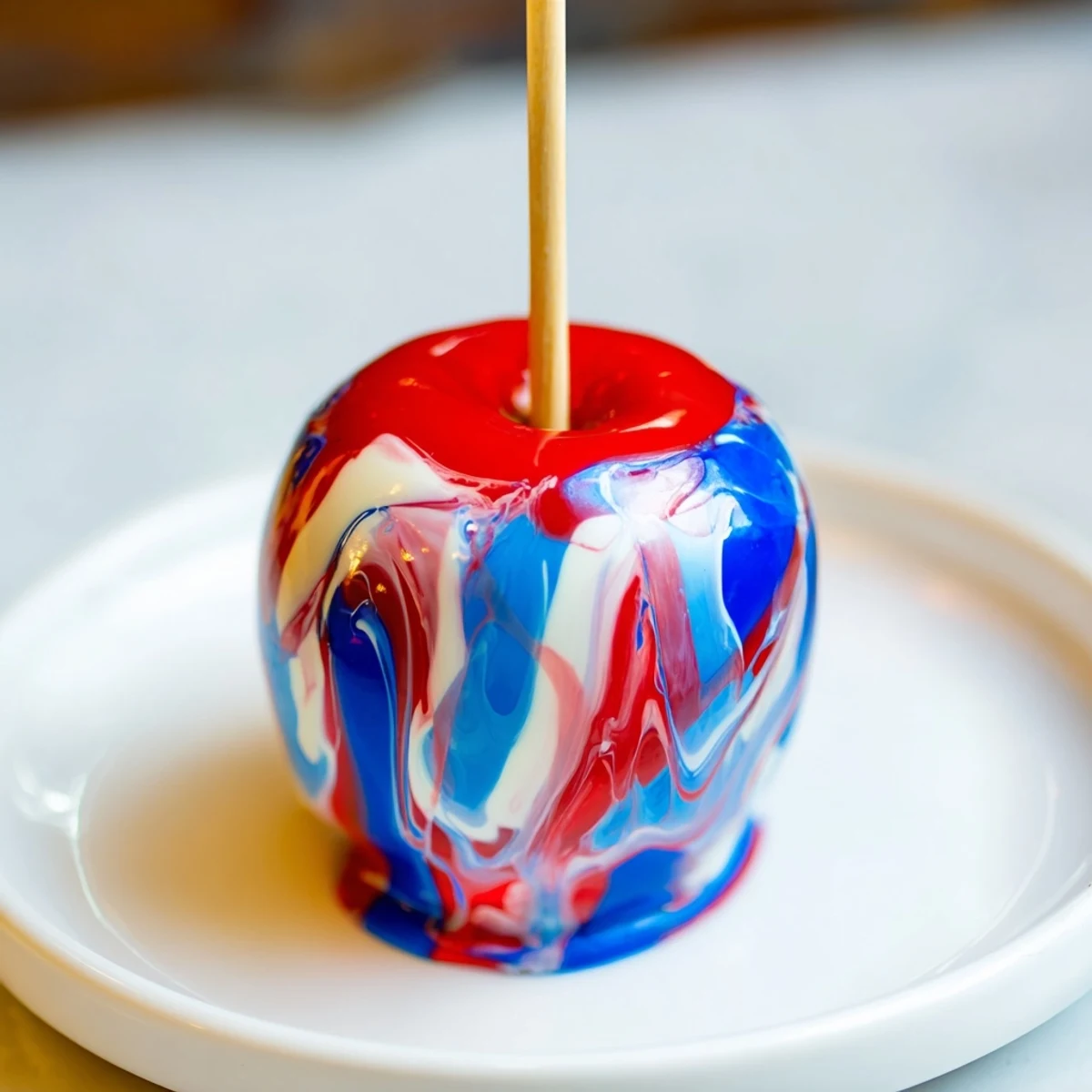 A vibrant close-up of Marbled Effect Candy Apples with a glossy, swirled red, blue, and white candy shell on a rustic wooden table.