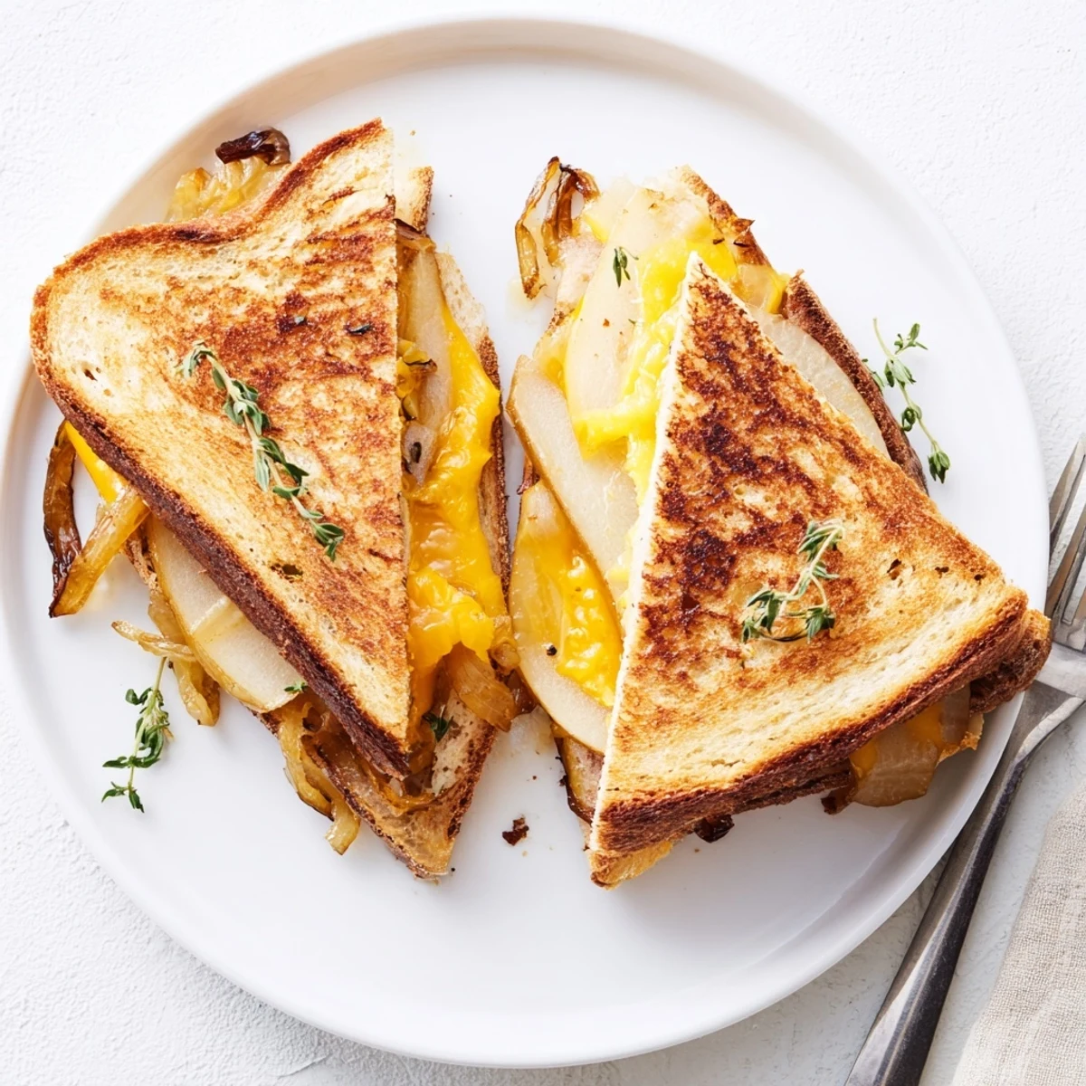 Buttery grilled bread holding sharp cheddar, juicy pear and apple pieces, and savory caramelized onions for the ultimate Pear, Apple & Grilled Cheese with Caramelized Onions.