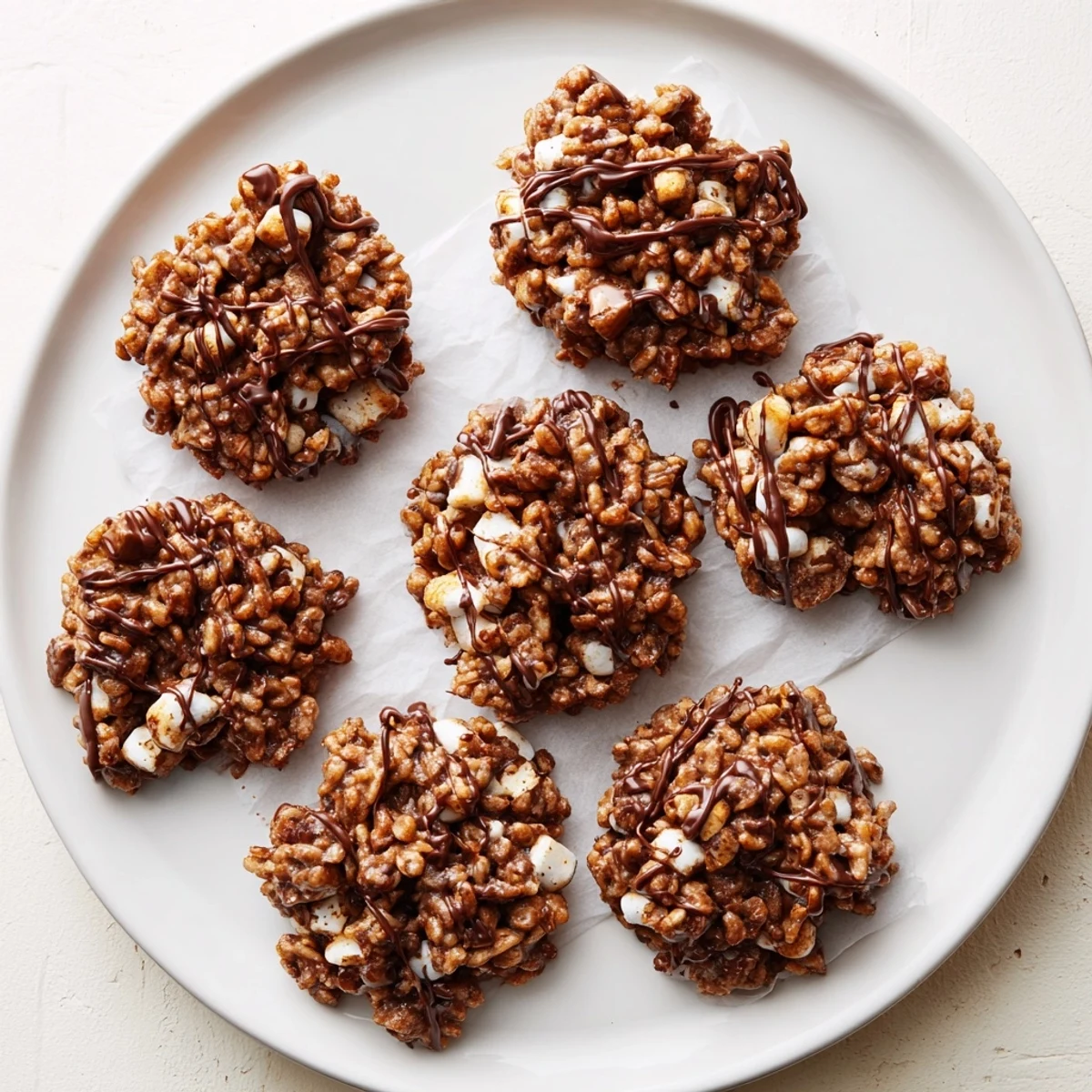 No Bake Coffee Crunch Rice Krispie Cookies stacked on a white plate with a glossy chocolate drizzle and a glass of milk nearby.