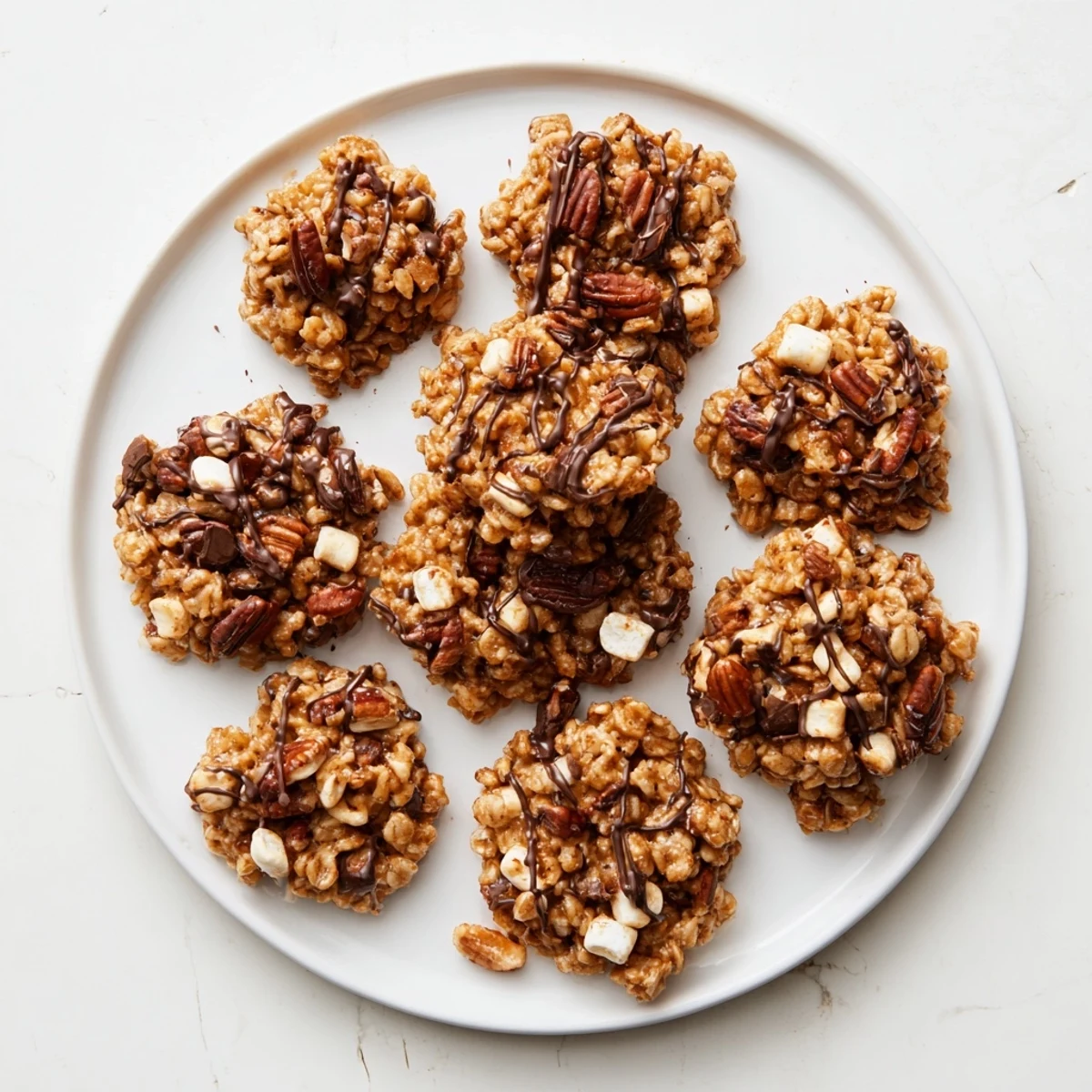 A close-up of No Bake Coffee Crunch Rice Krispie Cookies reveals toasted pecans and marshmallows inside each bite.