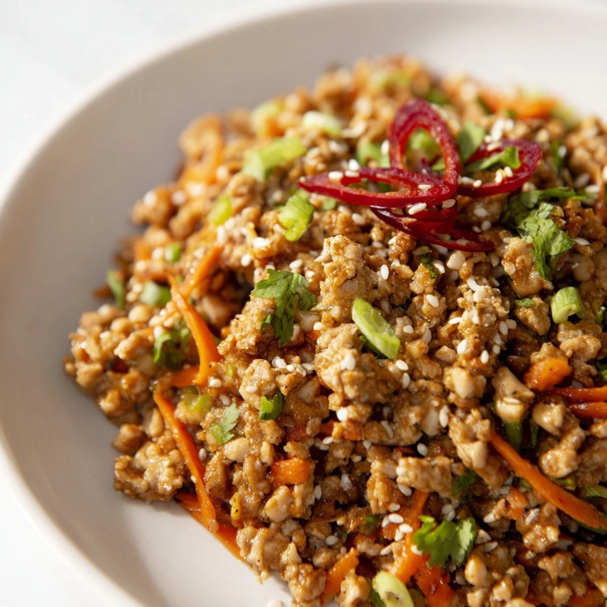Crisp butter lettuce cradles savory ground chicken filling garnished with fresh cilantro and sesame seeds for Potsticker Chicken Lettuce Boats.