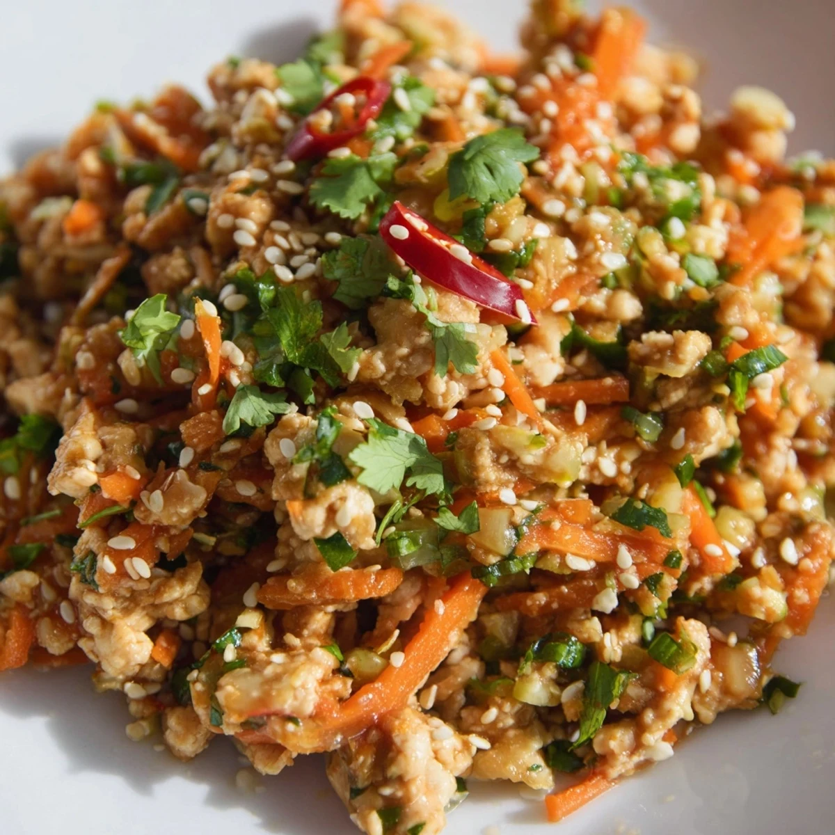 A close-up of Potsticker Chicken Lettuce Boats on a wooden table, showcasing aromatic ginger, garlic, and vibrant shredded carrots.