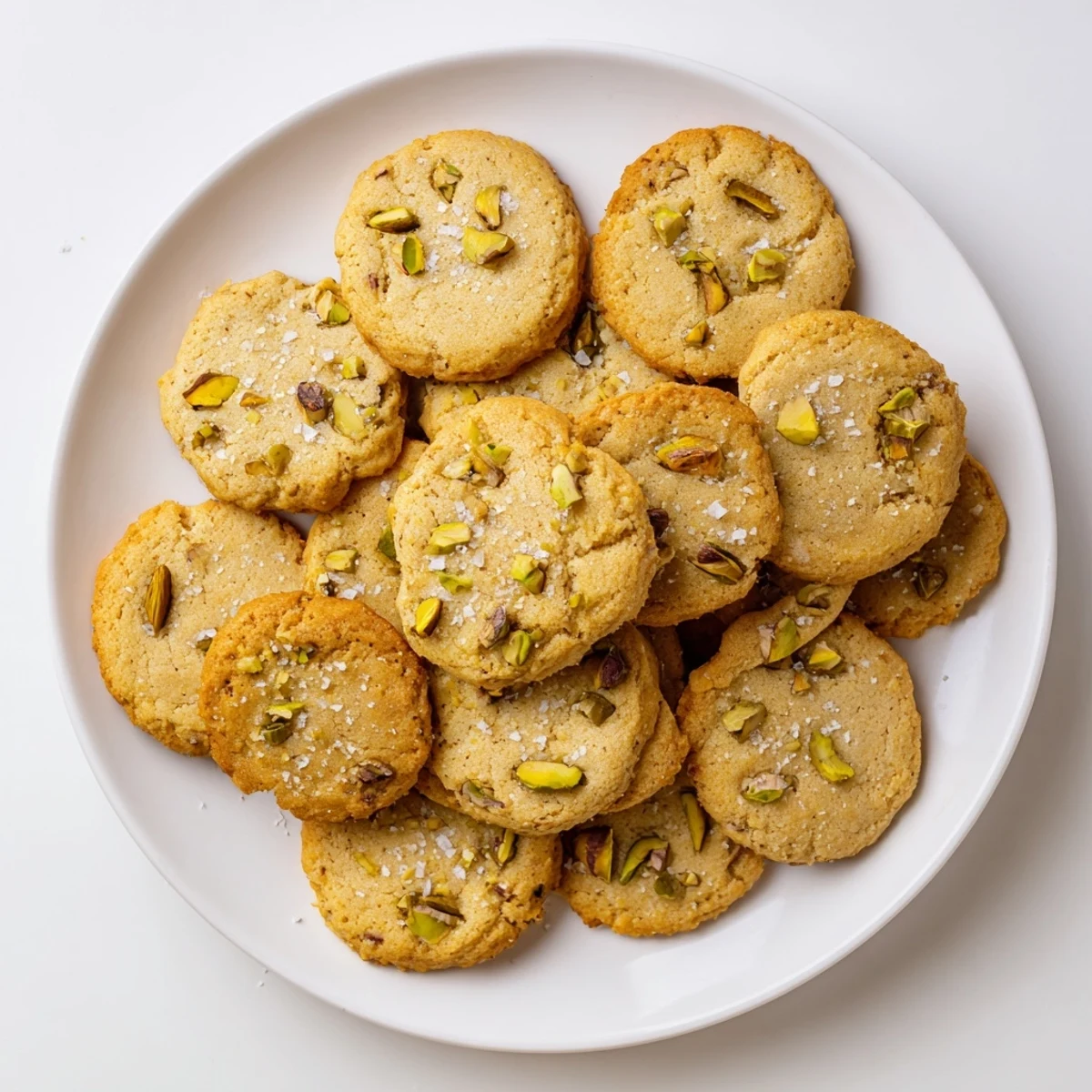 Freshly baked Salted Honey Pistachio Cookies on a cooling rack, featuring golden edges and a light sea salt sprinkle.
