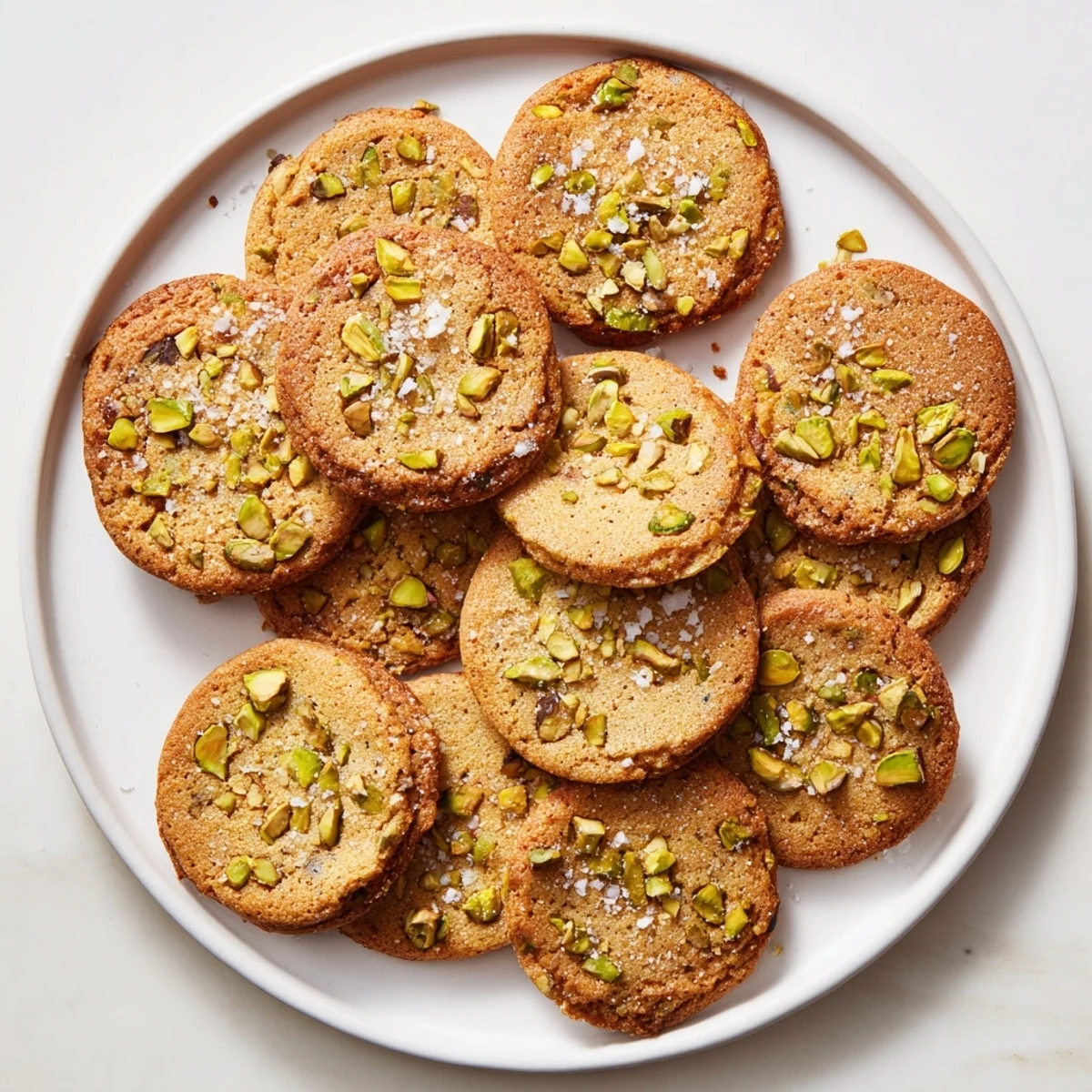Salted Honey Pistachio Cookies displayed on a rustic wooden board, showcasing their honey-glazed texture and savory finish.