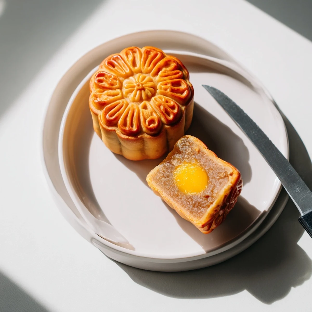 A close-up shot shows the tender crust of a baked mooncake, revealing a sweet lotus seed paste filling.