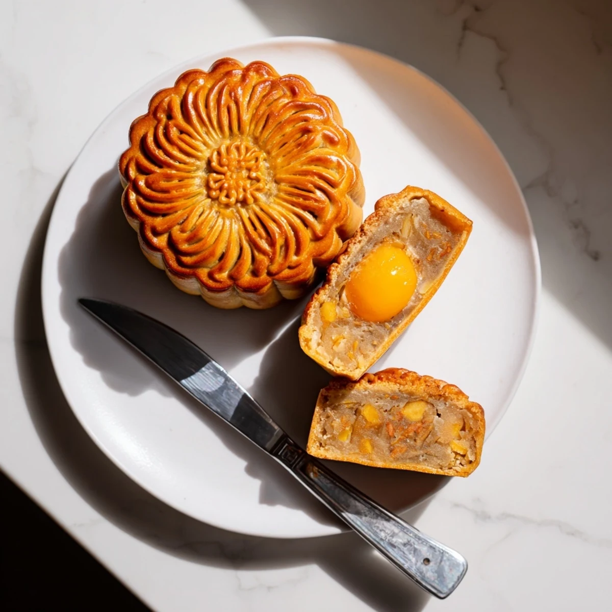Golden-brown mooncake with intricate floral design sits on a wooden board beside a steaming cup of green tea.