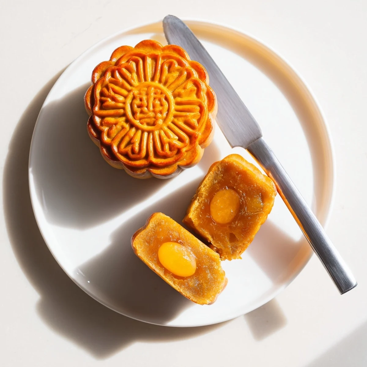 Freshly baked mooncakes are arranged on a parchment-lined tray, ready to be enjoyed during the festive season.