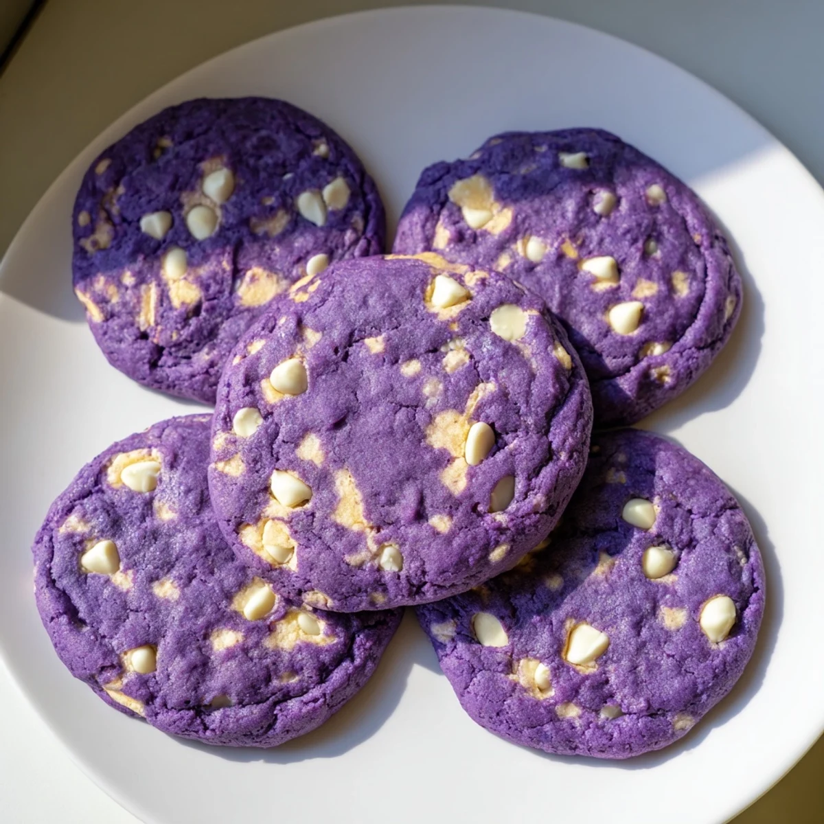 Freshly baked White Chocolate Ube Cookies displayed on a cooling rack, showcasing their vibrant purple hue and creamy white chocolate chips, perfect for a sweet dessert snack.