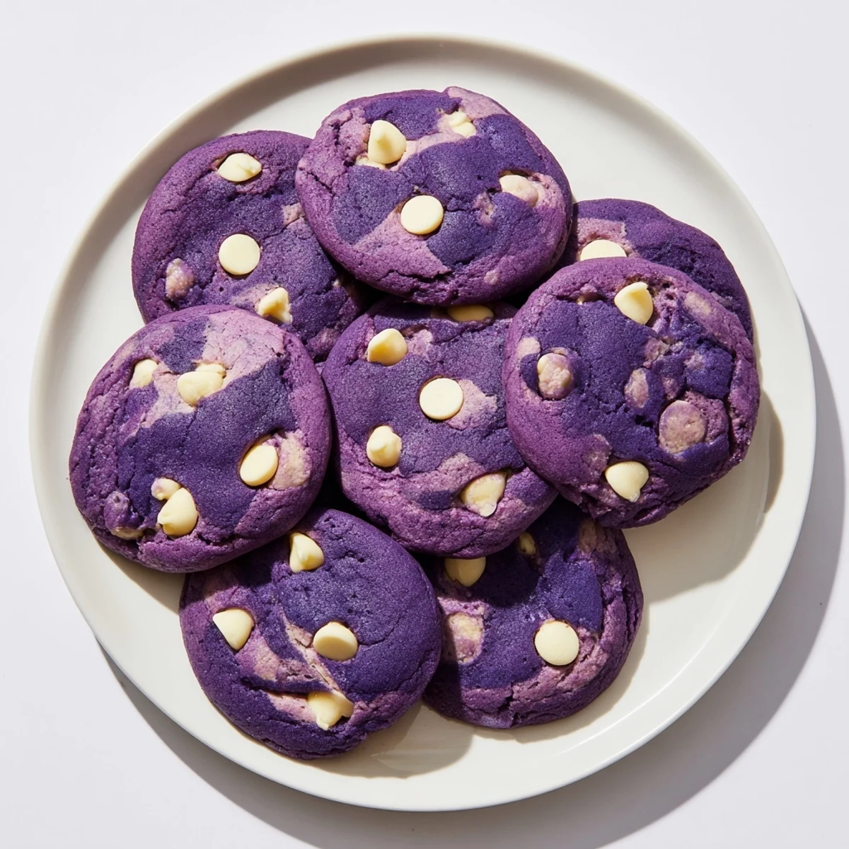 A close-up of a White Chocolate Ube Cookie broken in half, revealing a soft, chewy interior with rich purple ube swirls and creamy white chocolate chunks.