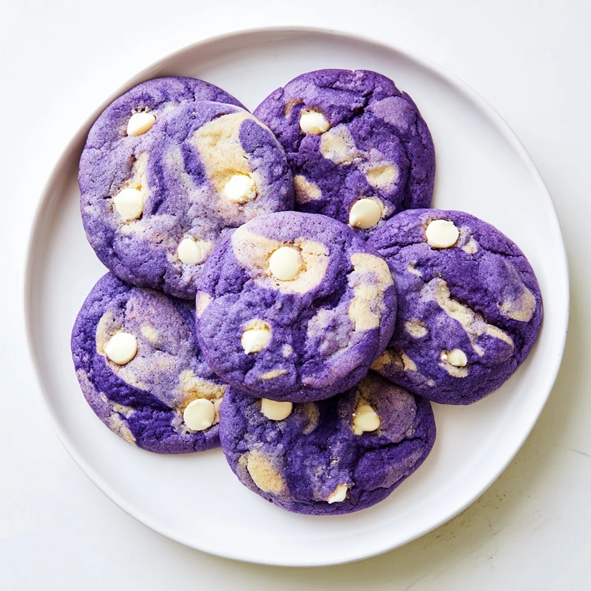 Overhead view of freshly baked White Chocolate Ube Cookies arranged on a rustic wooden board, ready to be served alongside a glass of cold milk.
