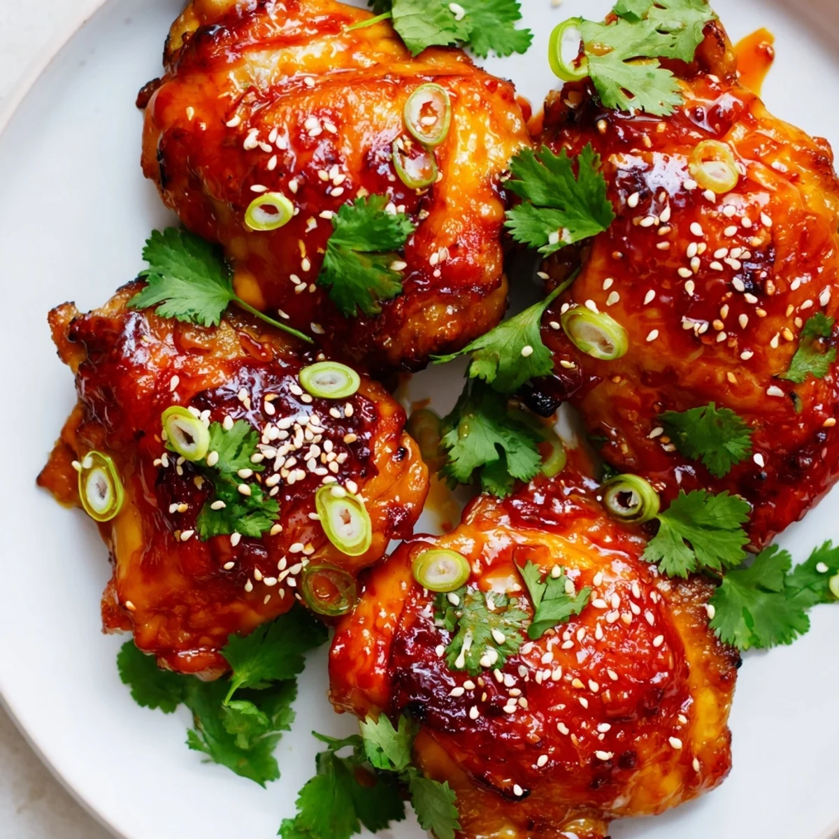 Glazed Sweet and Spicy Thai Chicken pieces shine in a skillet, garnished with green onions and sesame seeds.