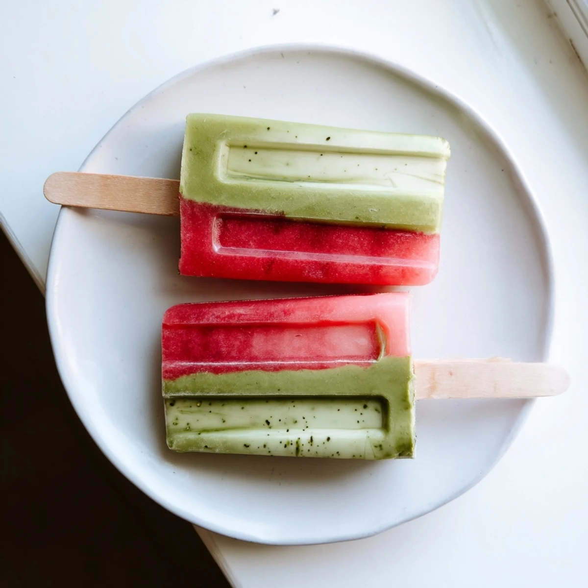 The photo shows a vibrant Strawberry Matcha Latte Popsicle with green and pink layers, held by a hand, set against a sunny outdoor backdrop.