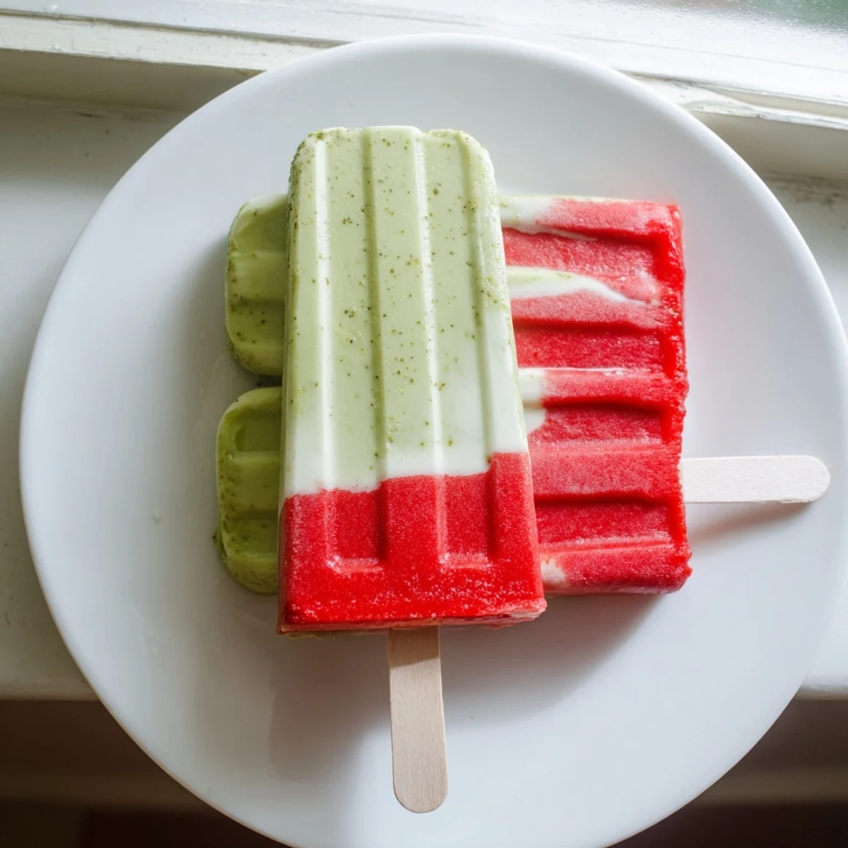 A close-up view of a Strawberry Matcha Latte Popsicle highlights creamy texture and fresh strawberry chunks, perfect for a refreshing summer dessert.