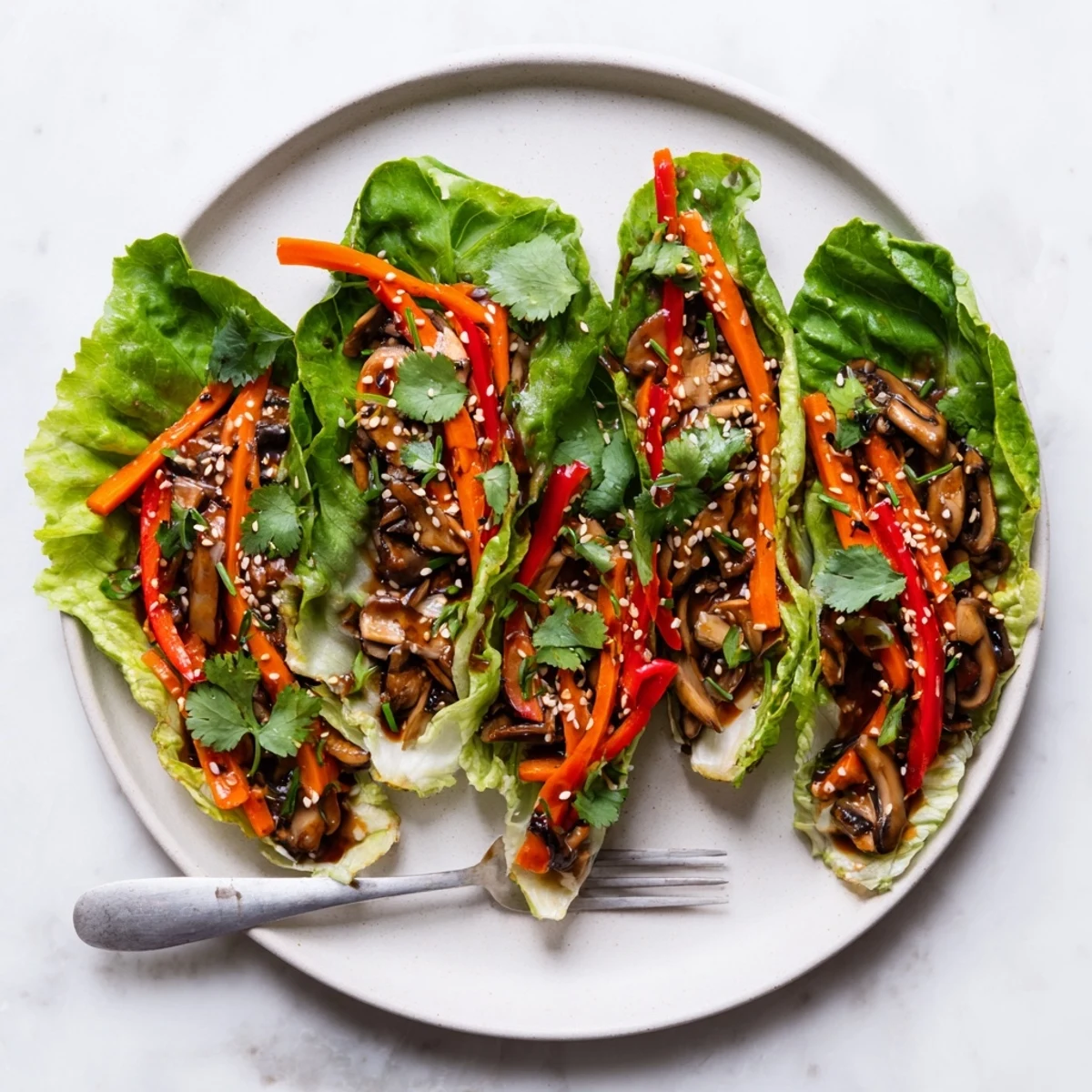 Crisp butter lettuce cups filled with savory sautéed shiitake mushrooms and fresh vegetables.
