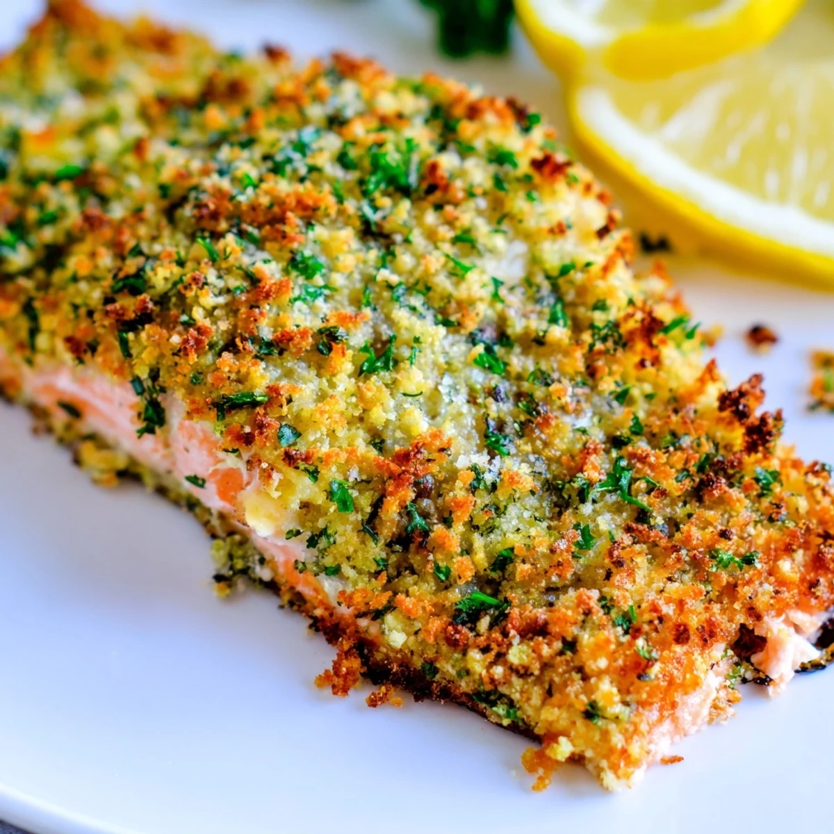 A close-up of Irresistibly Crispy Parmesan Salmon Bake served with lemon wedges.