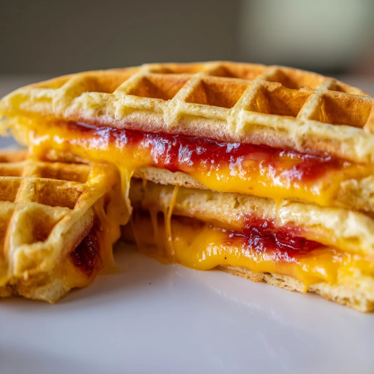 Golden brown Sweet Waffle Grilled Cheese sandwich oozing melted cheddar and sweet strawberry preserves on a rustic plate.