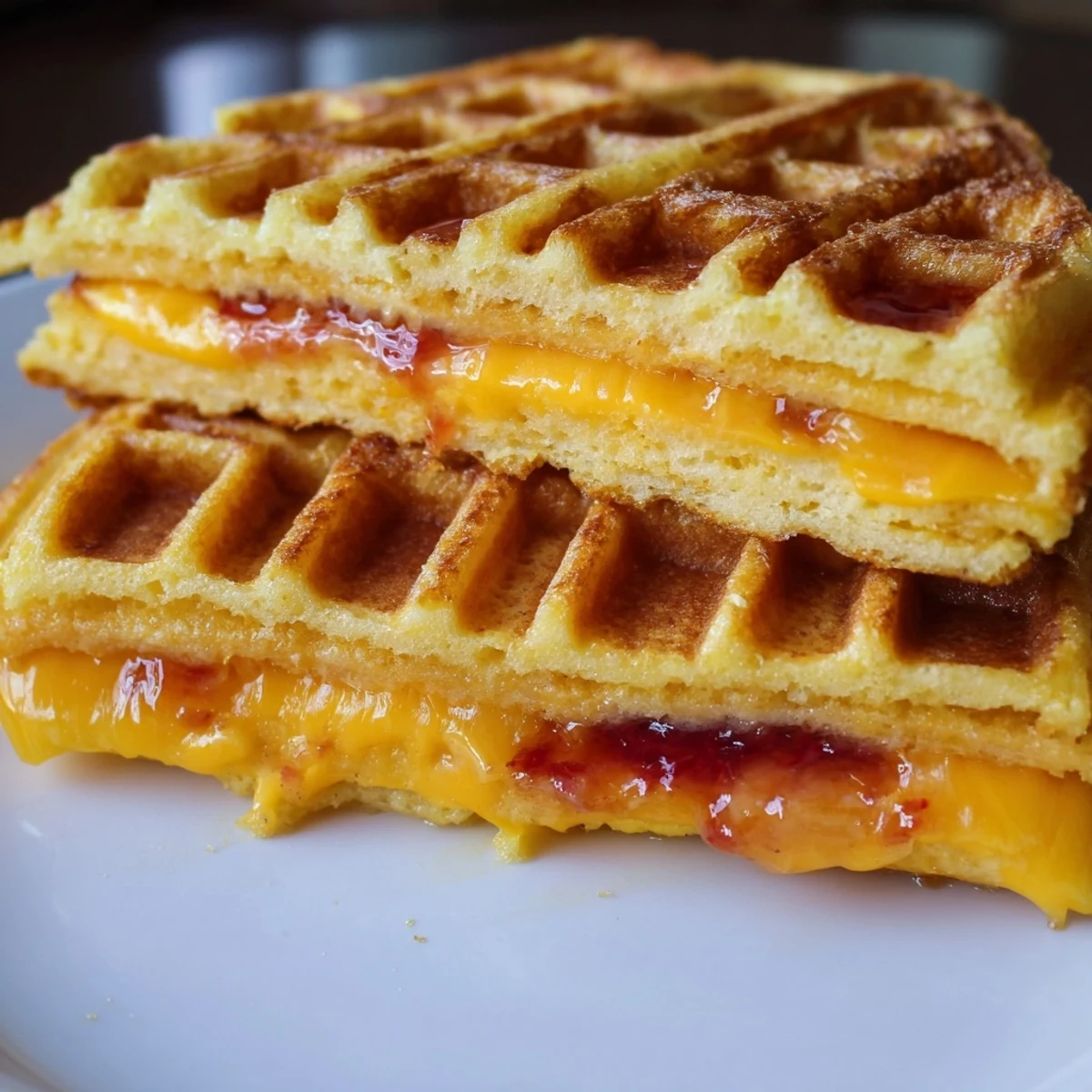 Close-up of crispy Sweet Waffle Grilled Cheese with melted cheese and a hint of raspberry jam for flavor.