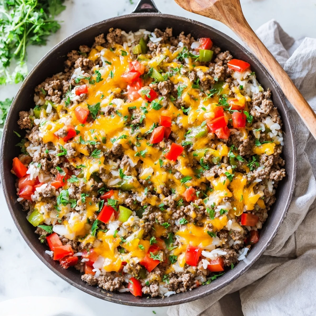 One-pan Unstuffed Pepper Skillet simmering with savory beef, peppers, tomatoes, and fluffy rice.