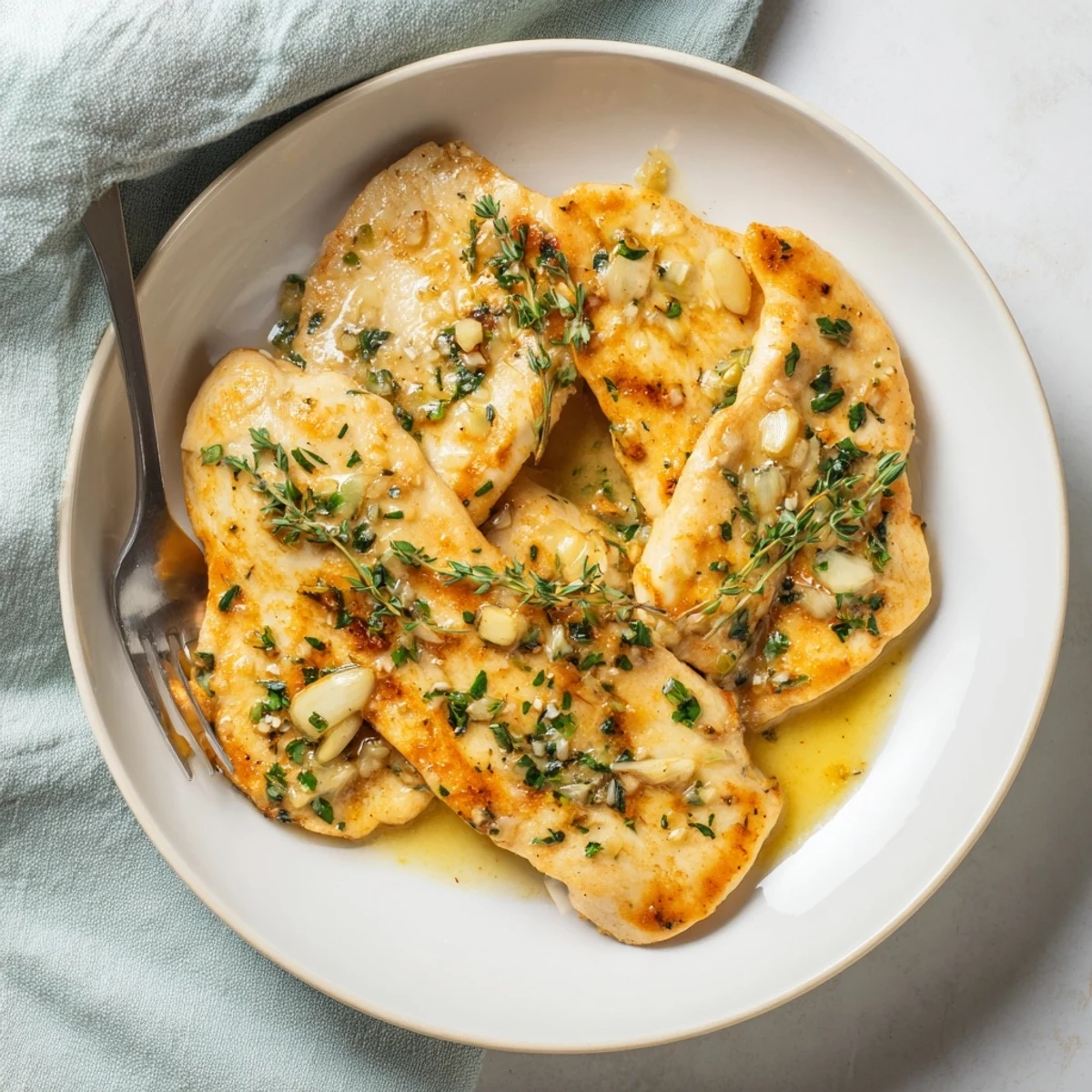 Golden-brown Garlic Butter Chicken breasts resting in a rich, herb-flecked sauce, garnished with fresh parsley.