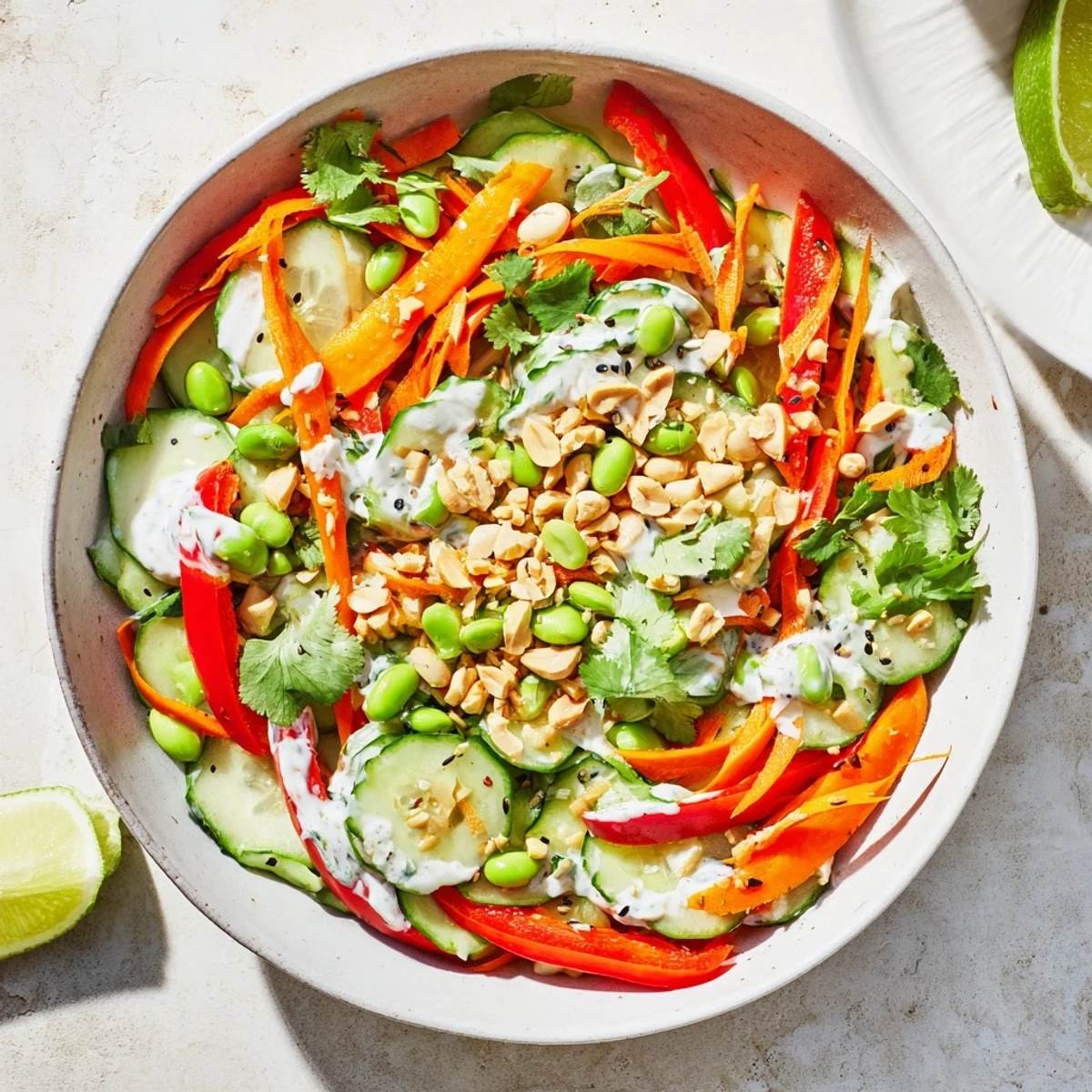 Vibrant Creamy Asian Cucumber Bowl topped with toasted sesame seeds and fresh cilantro garnish.