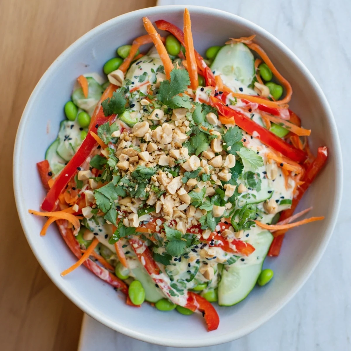 Creamy Asian Cucumber Bowl served chilled in a white bowl with lime wedges on the side.