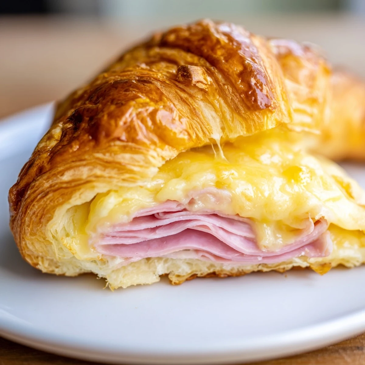 Freshly baked Ham and Cheese Croissant with golden, flaky layers and gooey melted Swiss cheese on a plate.