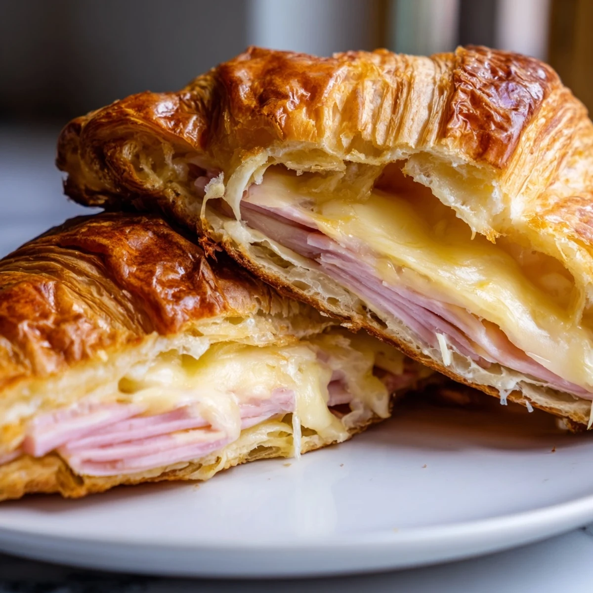 Sliced Ham and Cheese Croissant showing steam rising, served alongside fresh fruit for a perfect breakfast.
