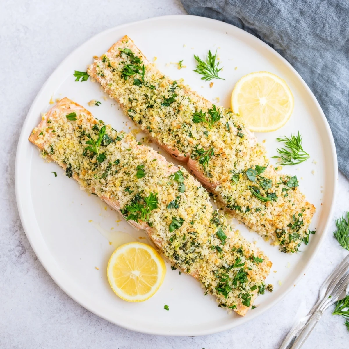 A fork gently flaking a piece of Irresistibly Crispy Parmesan Salmon Bake to reveal the moist interior and crisp Parmesan crust.