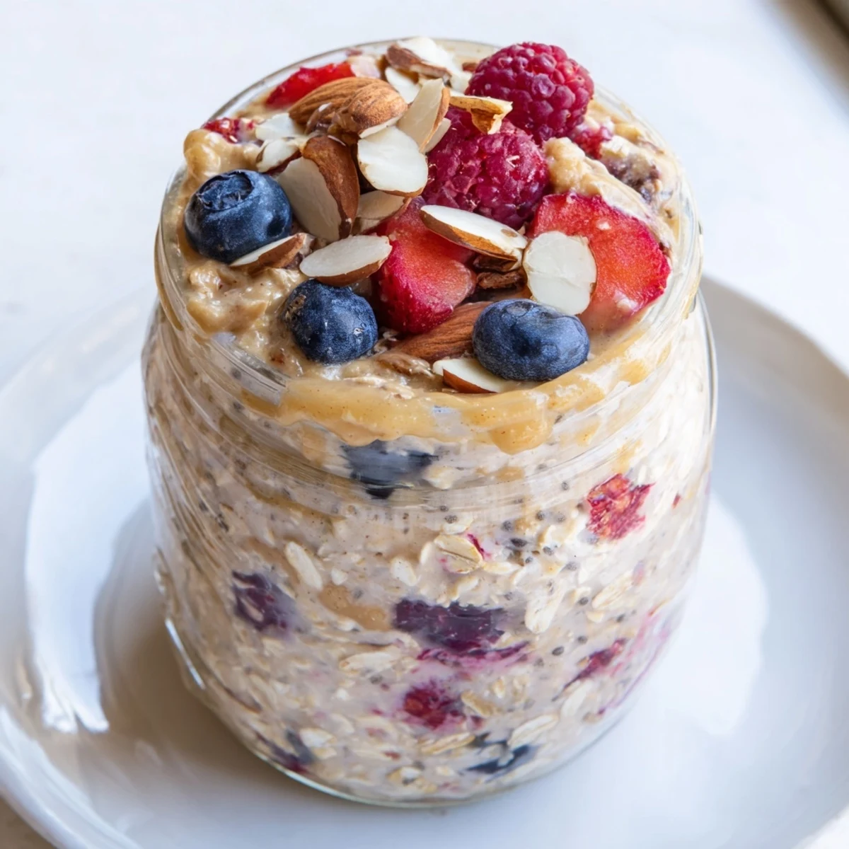 Berry Overnight Oats with Almond Butter in a glass jar, topped with fresh mixed berries and sliced almonds for a wholesome breakfast.