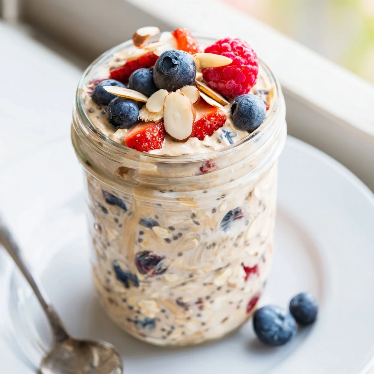 A serving of Berry Overnight Oats with Almond Butter, garnished with fruit and nuts, ready to enjoy chilled from the fridge.