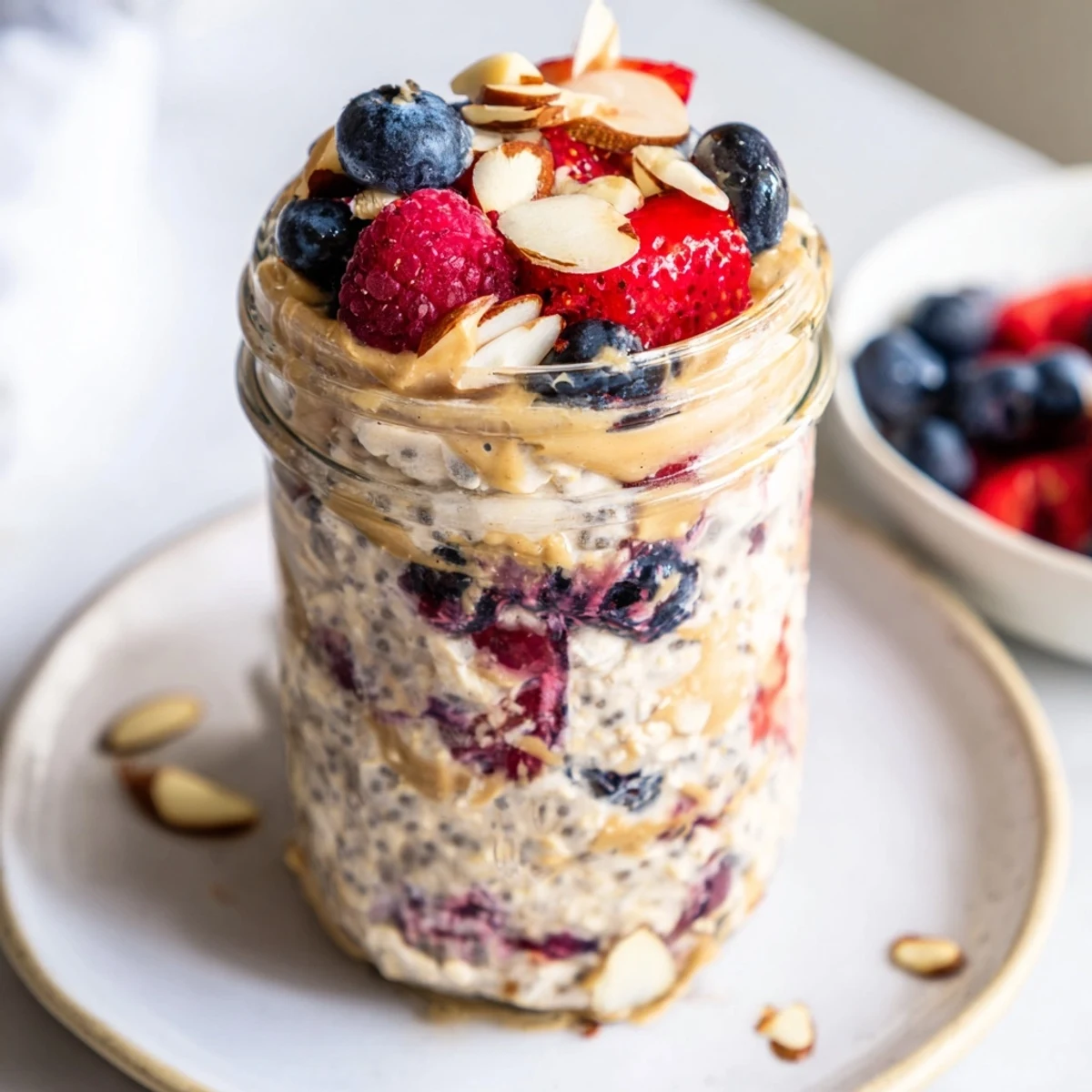 Close-up of layered Berry Overnight Oats with Almond Butter, showing creamy texture and vibrant berries perfect for a busy morning meal.