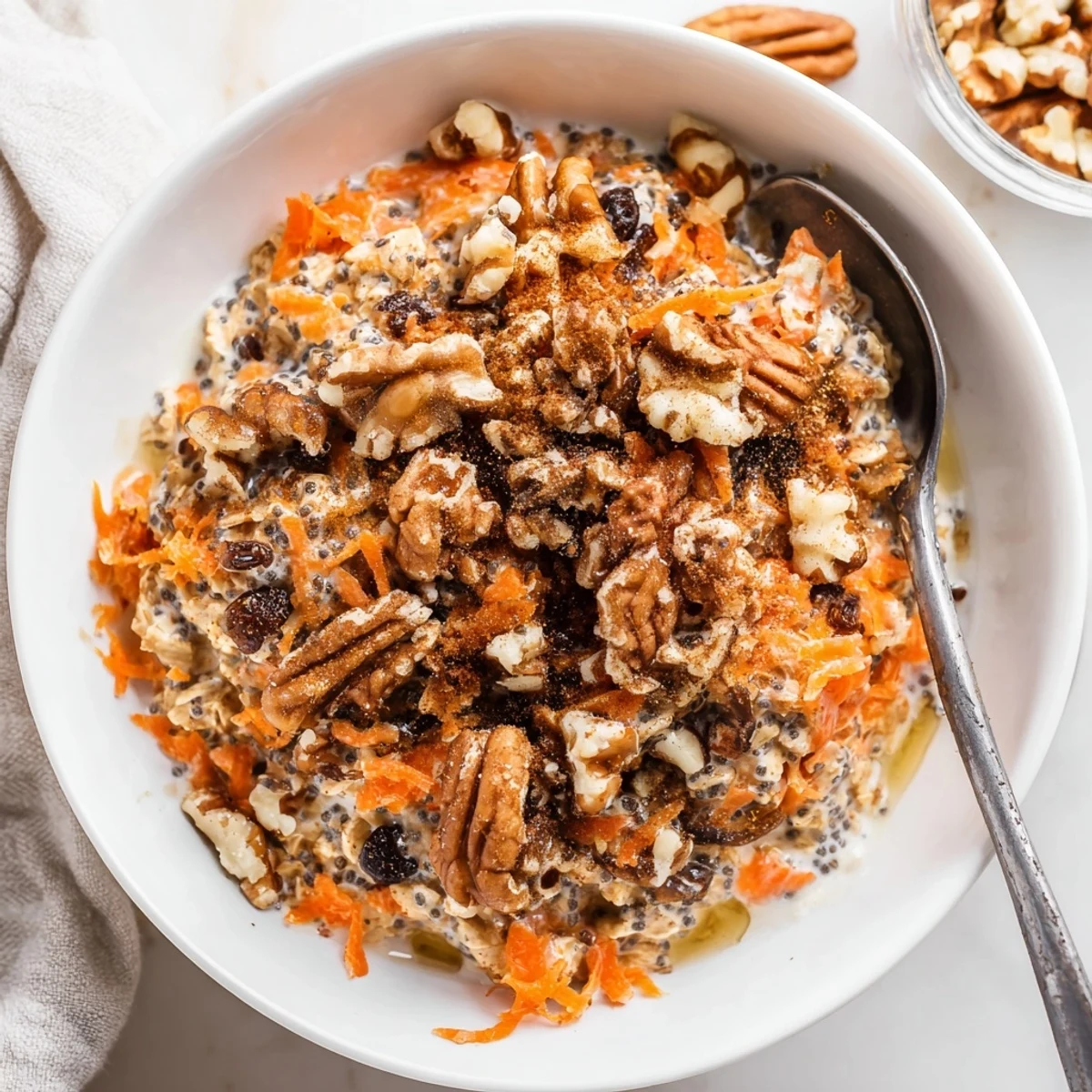Creamy Carrot Cake Overnight Oats topped with shredded coconut and chopped walnuts in a jar.