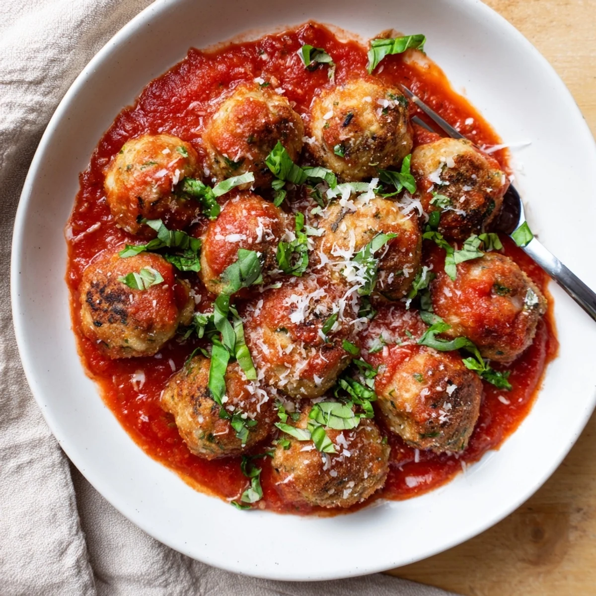 Golden-baked ricotta and mushroom meatballs nestled in a rich, simmered tomato sauce, ready to serve over spaghetti.  